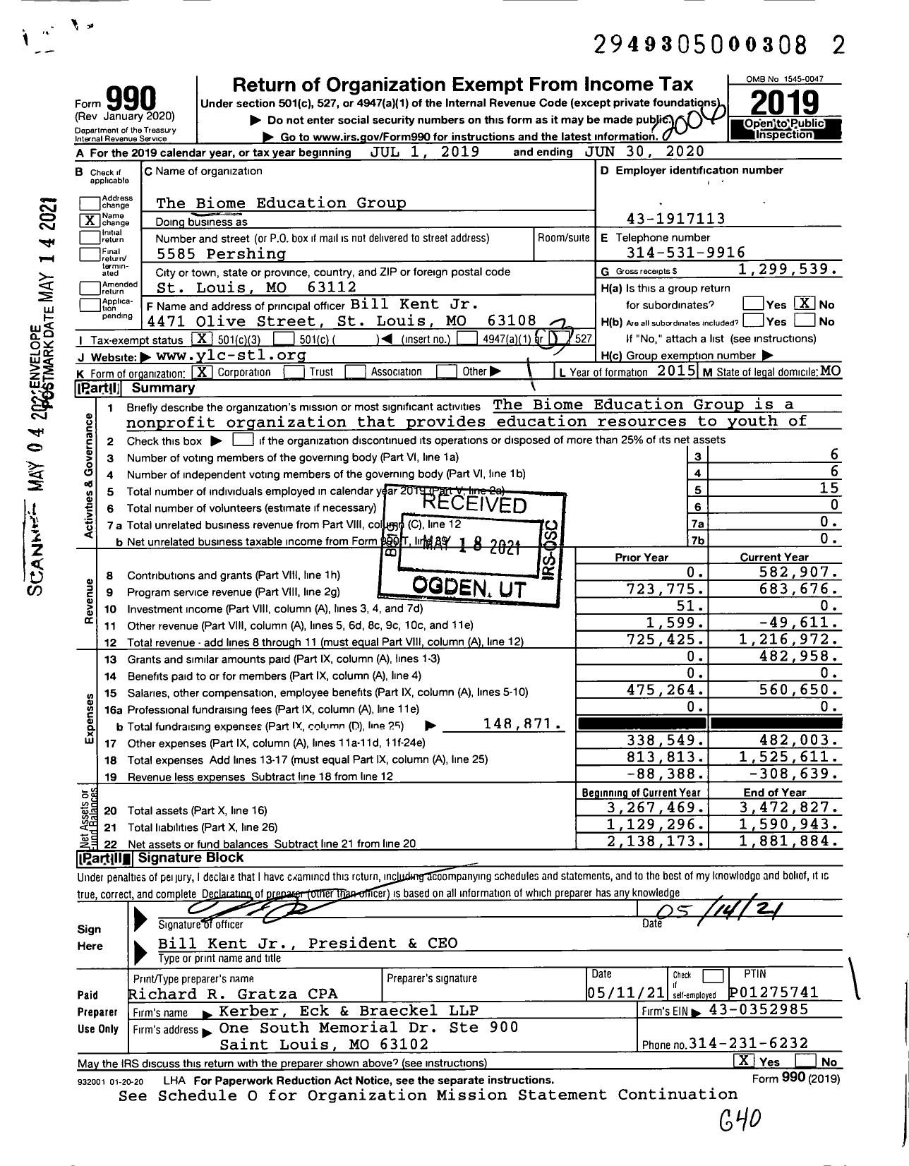 Image of first page of 2019 Form 990 for The Biome Education Group