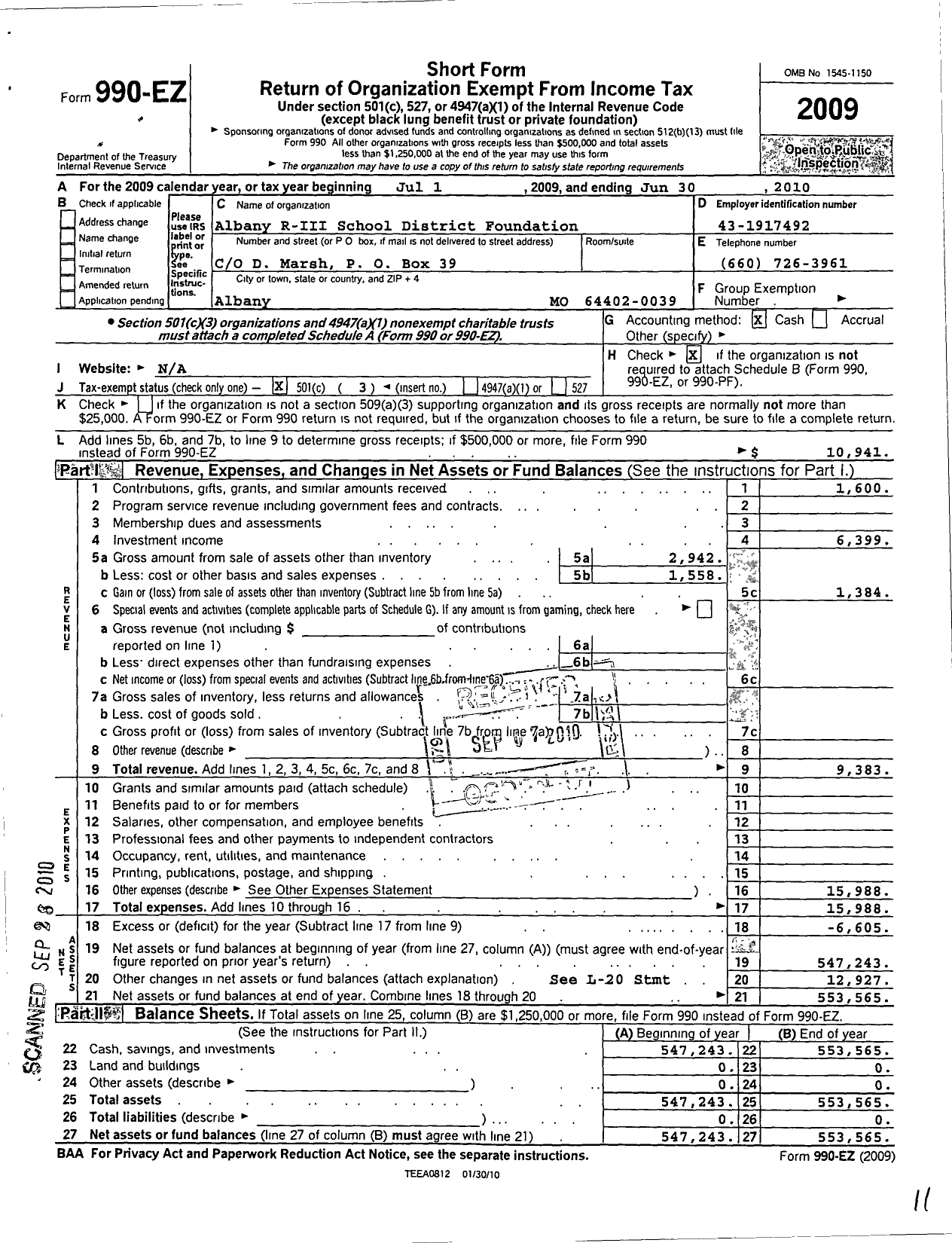 Image of first page of 2009 Form 990EZ for Albany R-Iii School District Foundation