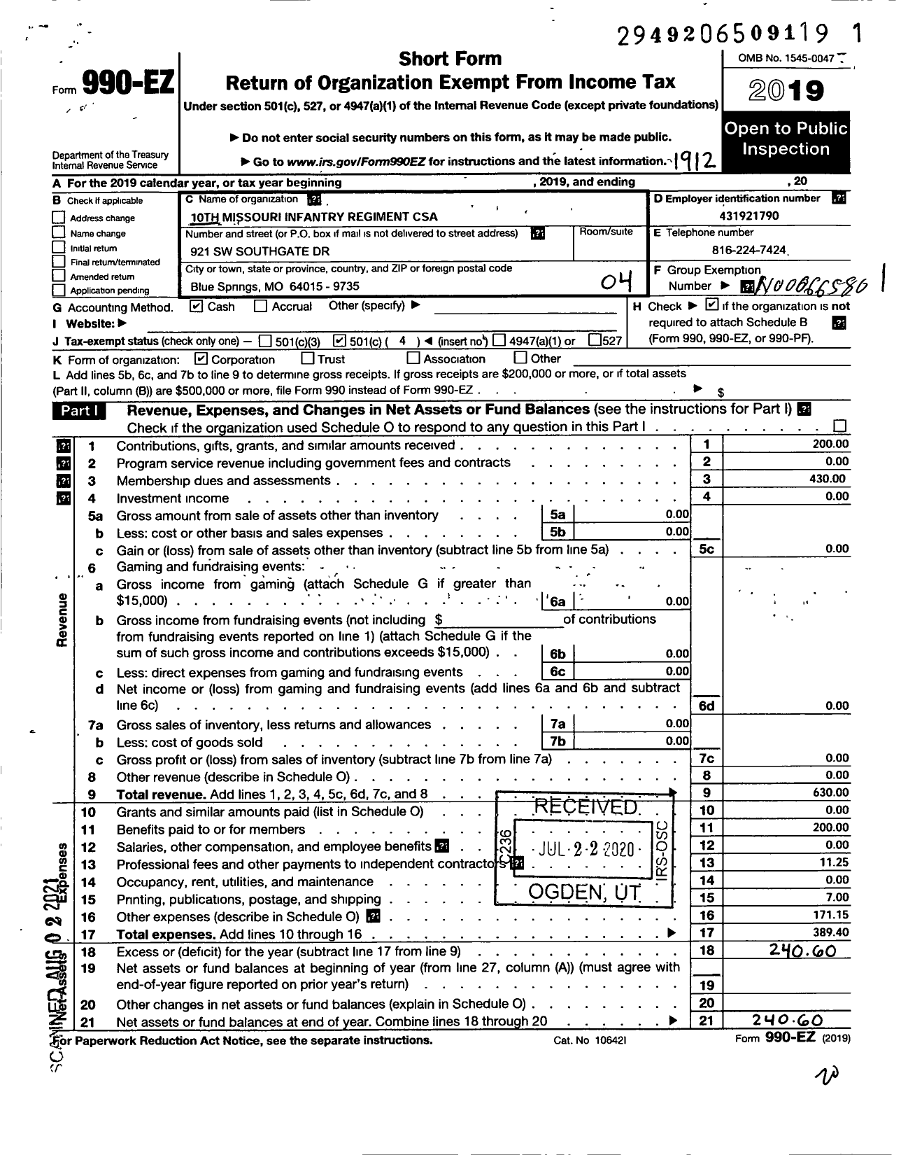 Image of first page of 2019 Form 990EO for 10th Missouri Regiment