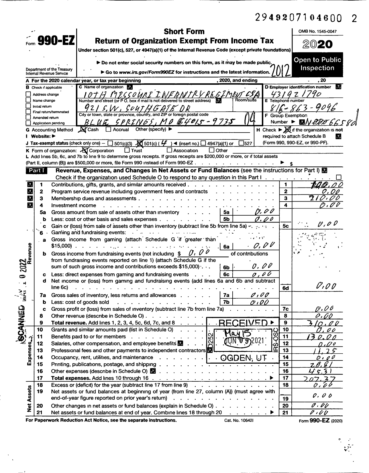 Image of first page of 2020 Form 990EO for 10th Missouri Regiment