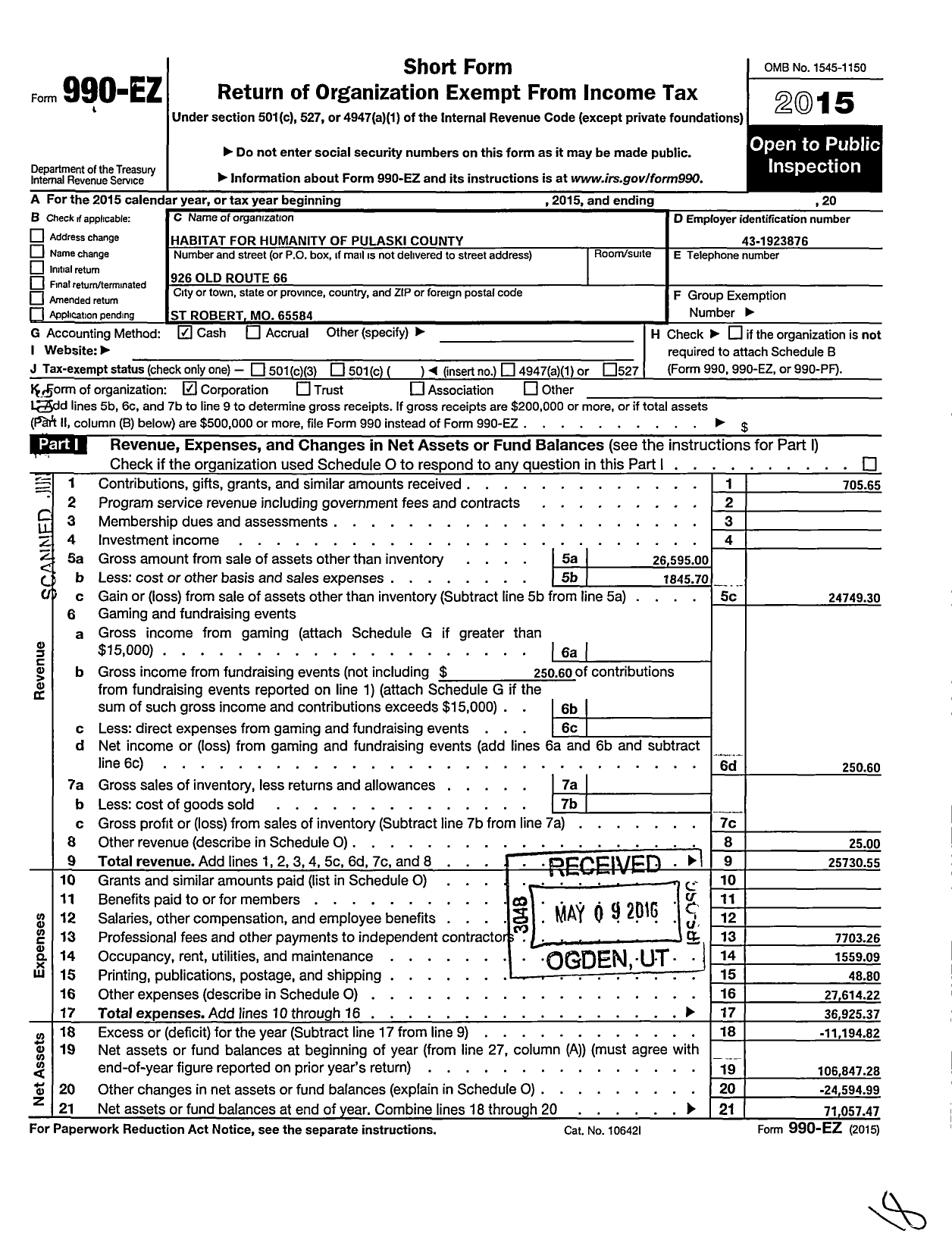 Image of first page of 2015 Form 990EO for Habitat for Humanity - Pulaski County Mo Inc HFH of