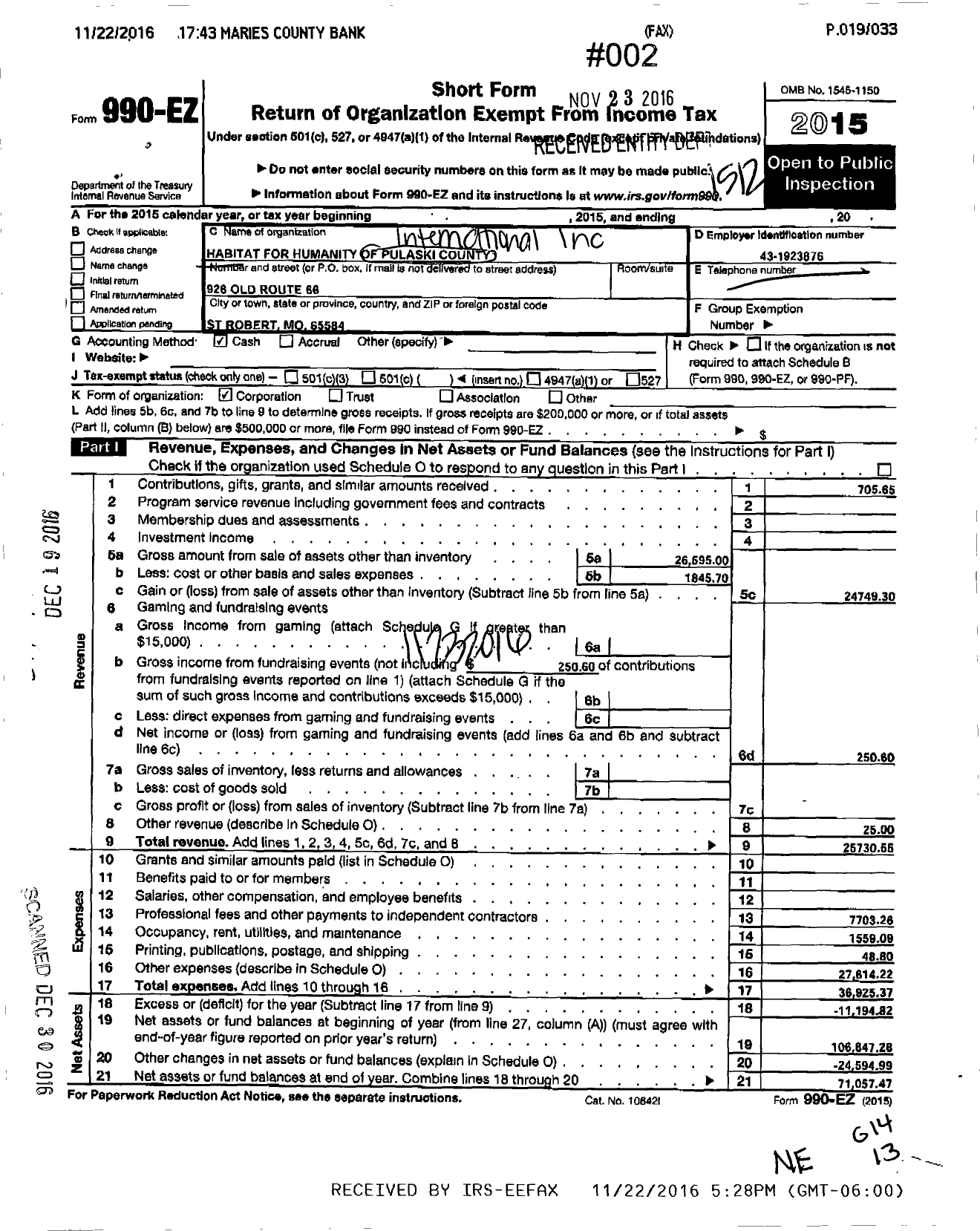 Image of first page of 2015 Form 990EO for Habitat for Humanity - Pulaski County Mo Inc HFH of