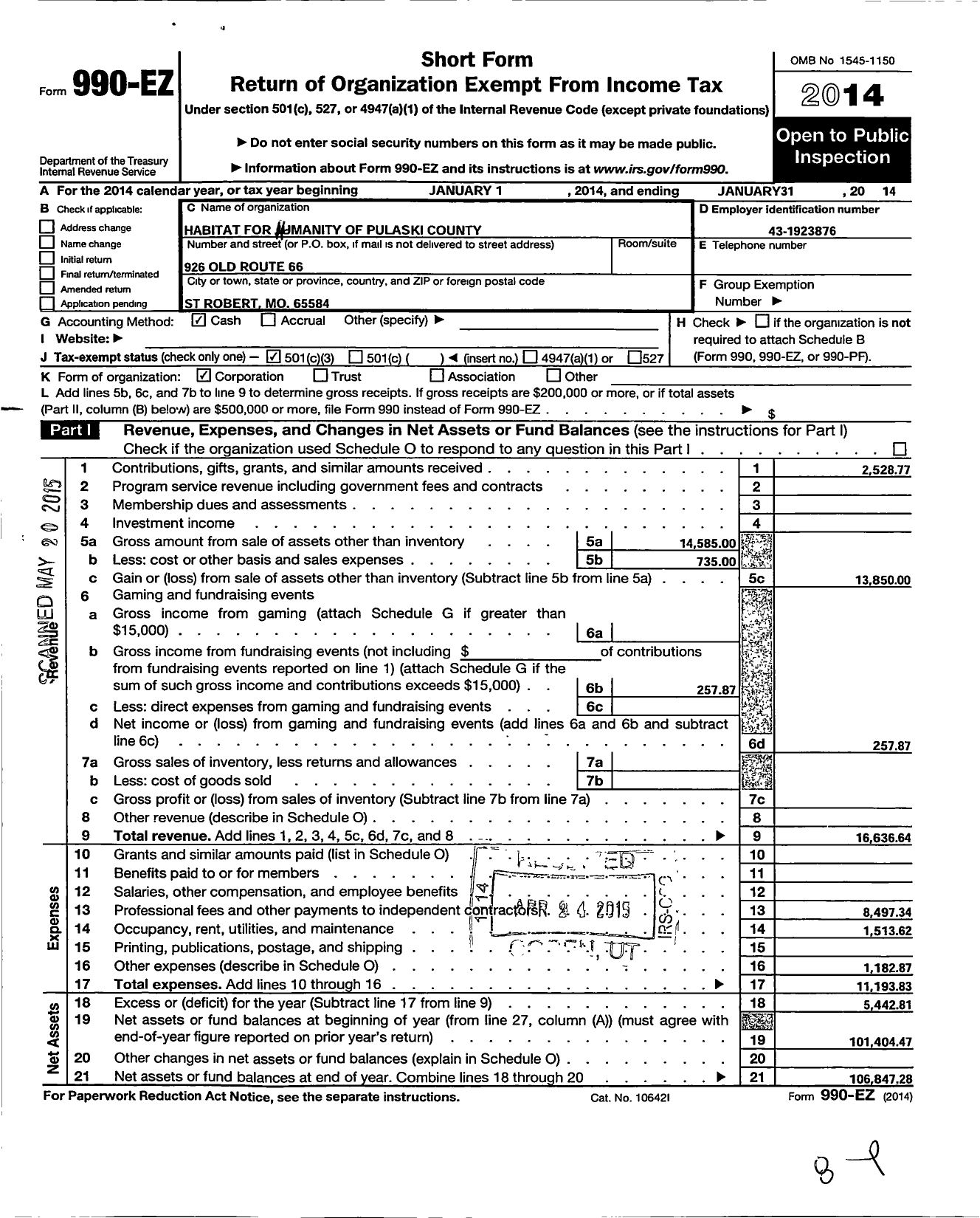 Image of first page of 2013 Form 990EZ for Habitat for Humanity - Pulaski County Mo Inc HFH of