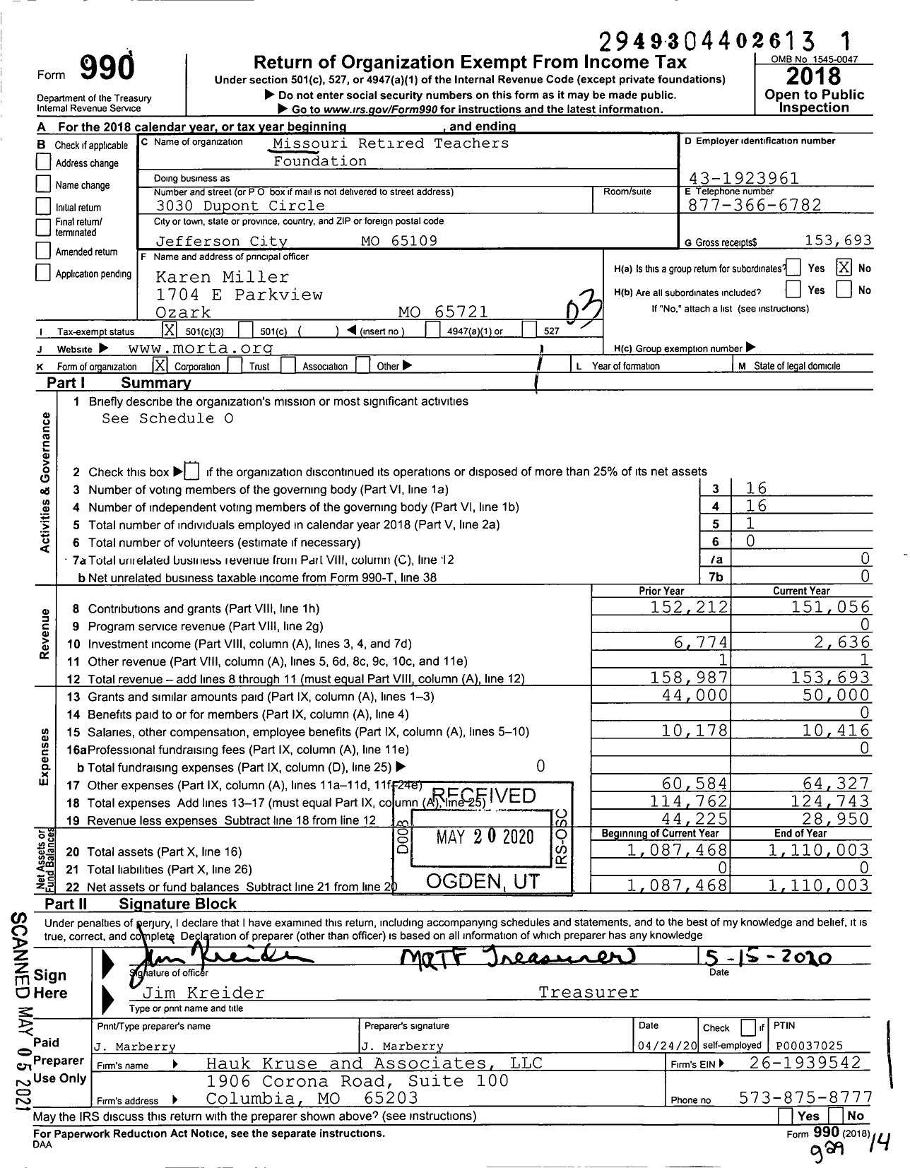 Image of first page of 2018 Form 990 for Missouri Retired Teachers Foundation