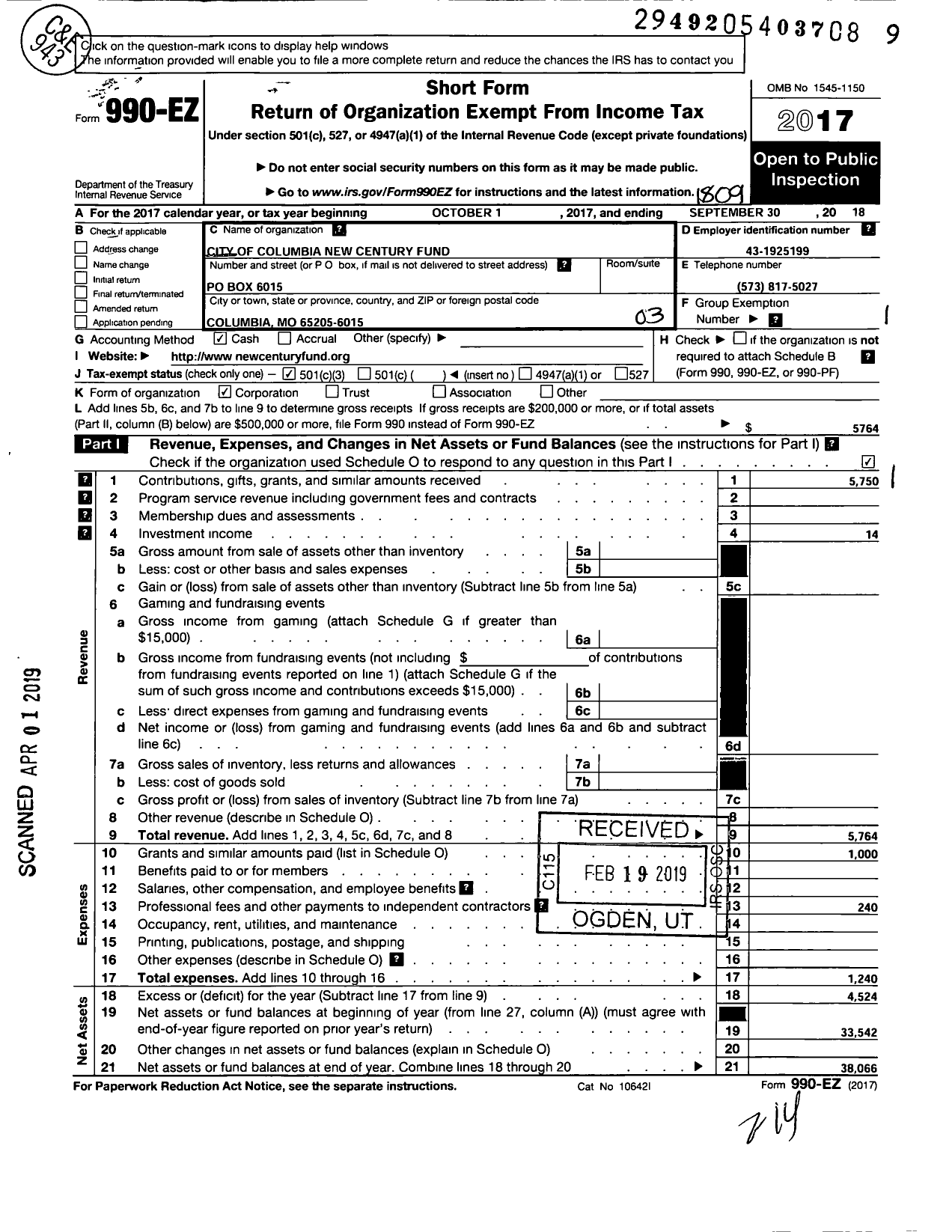 Image of first page of 2017 Form 990EZ for City of Columbia New Century Fund