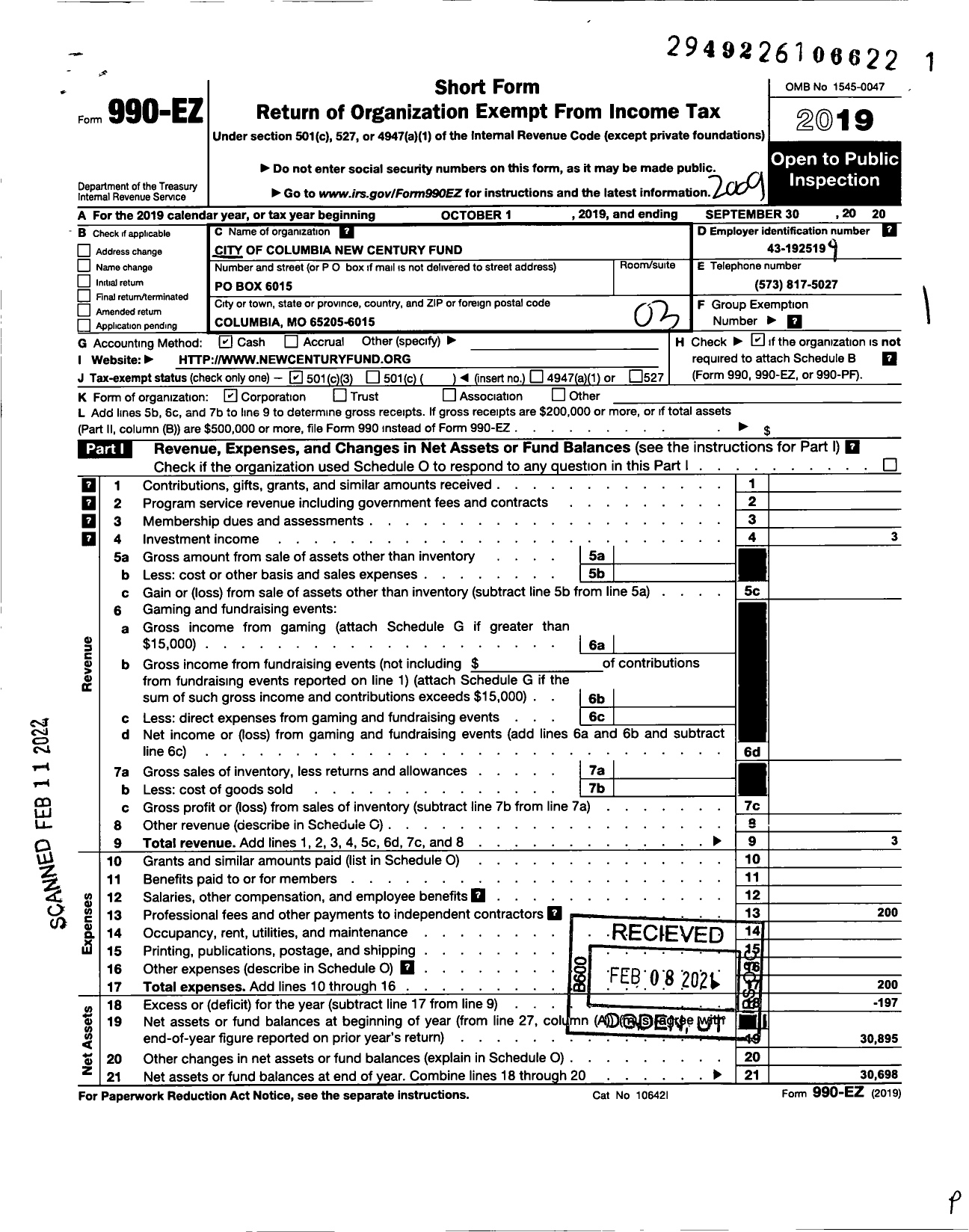 Image of first page of 2019 Form 990EZ for City of Columbia New Century Fund