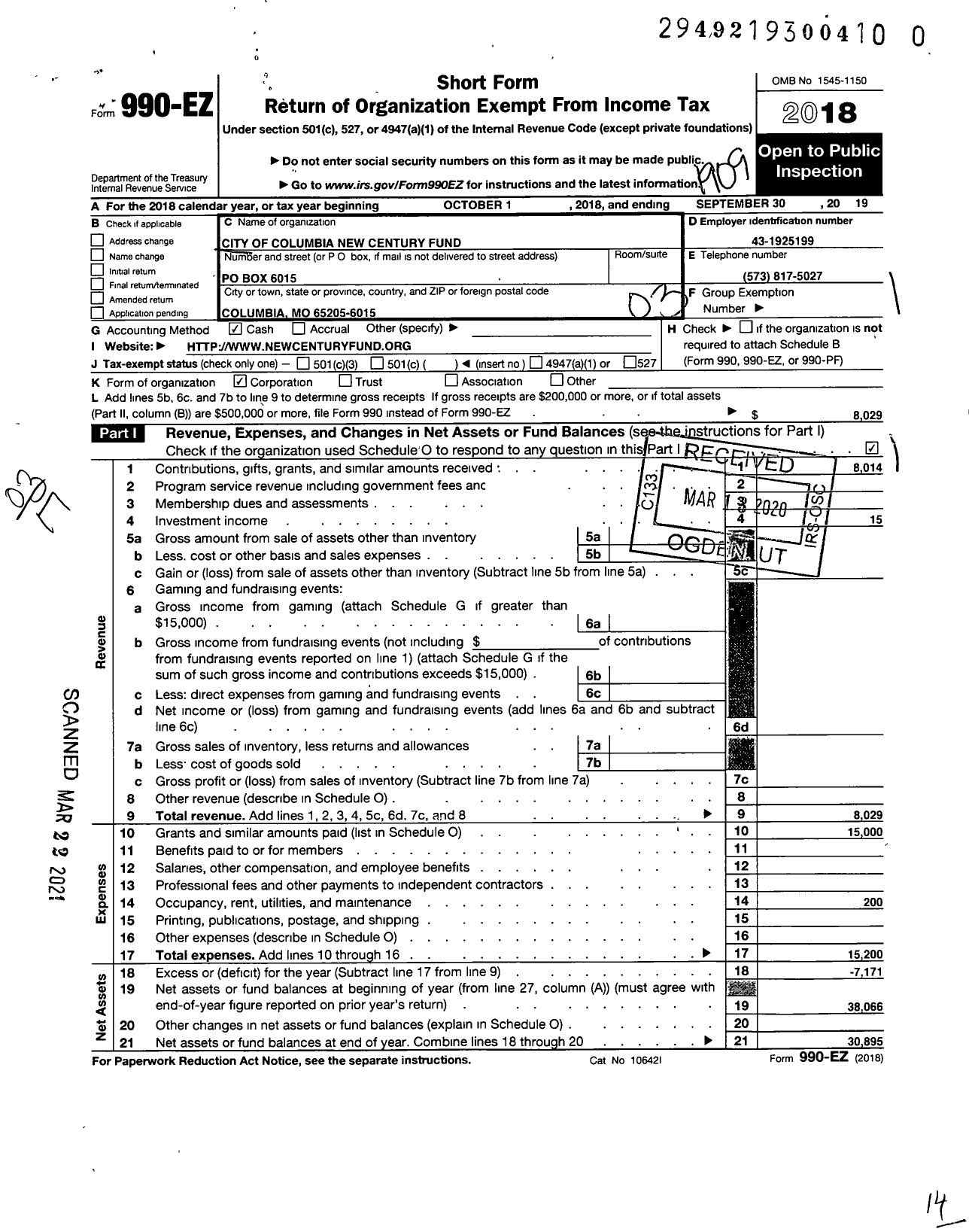 Image of first page of 2018 Form 990EZ for City of Columbia New Century Fund