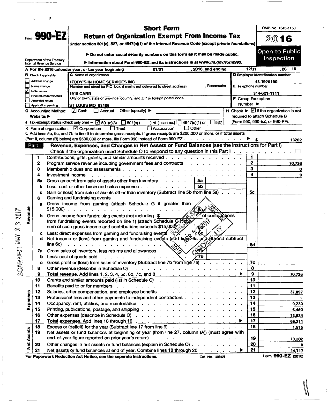 Image of first page of 2016 Form 990EZ for Jeddys in Home Services