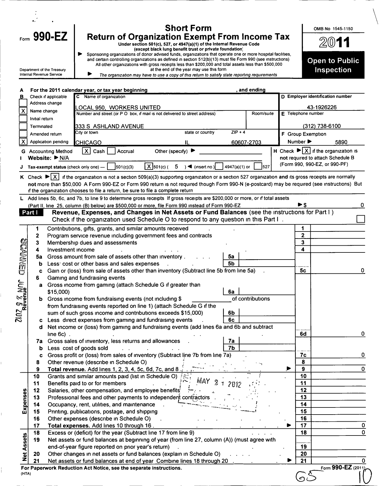 Image of first page of 2011 Form 990EO for Workers United - 950 Local Warsaw Mo