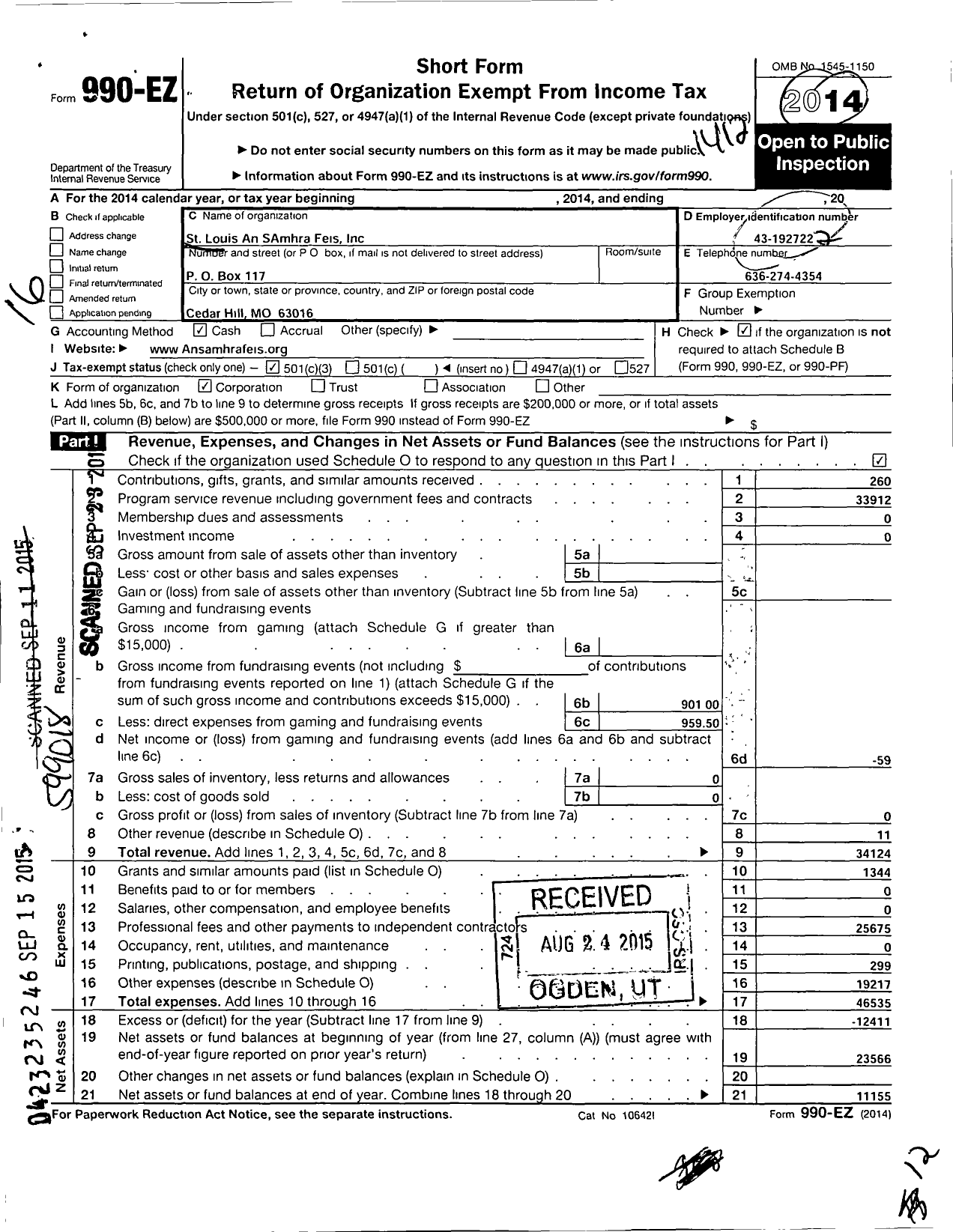 Image of first page of 2014 Form 990EZ for St Louis An Samhra Feis