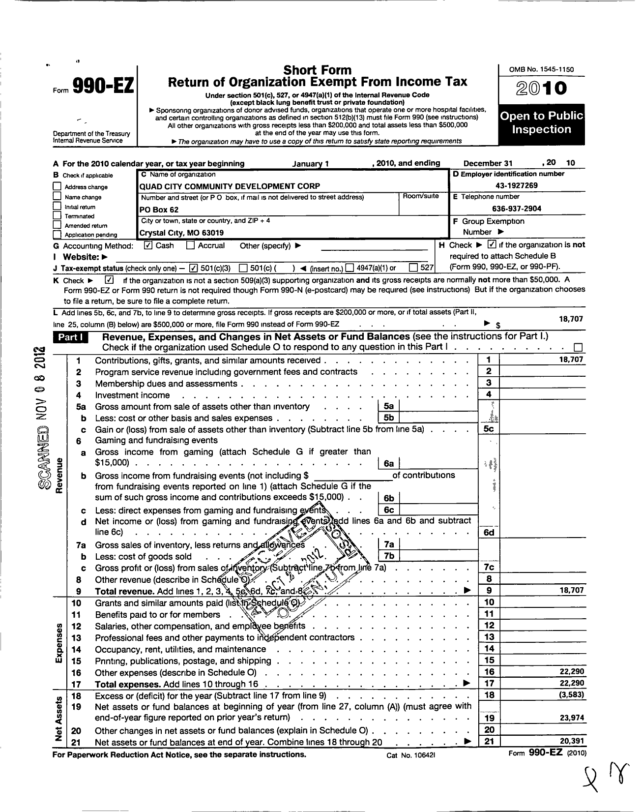 Image of first page of 2010 Form 990EZ for Quad City Community Development Corporation