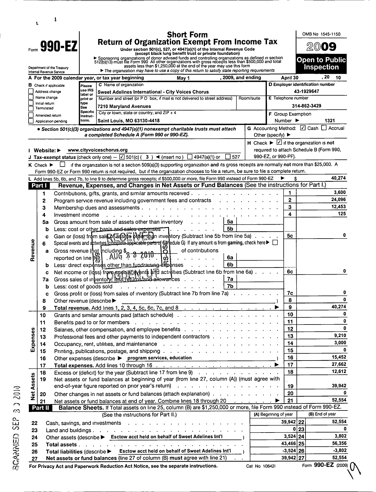 Image of first page of 2009 Form 990EZ for Sweet Adelines International - 130872 City Voices