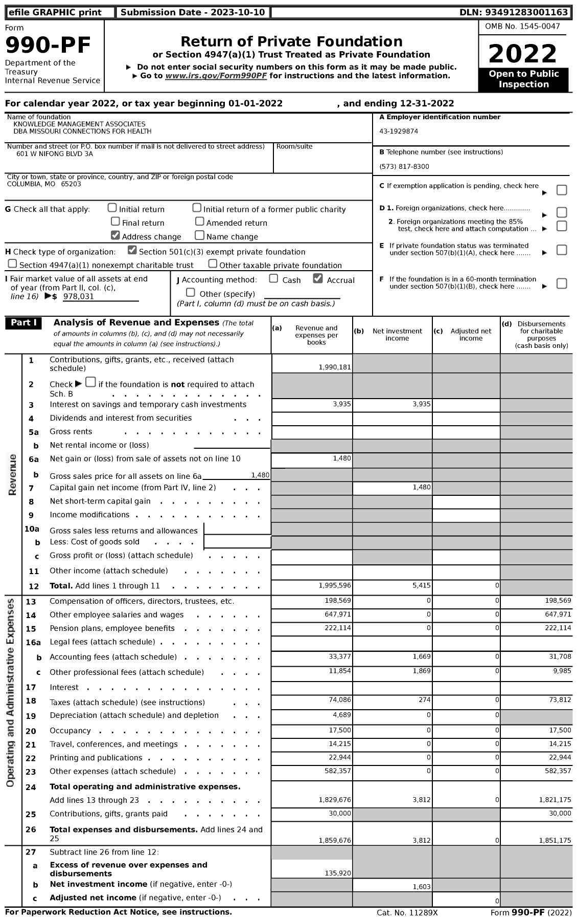 Image of first page of 2022 Form 990PF for Missouri Connections for Health