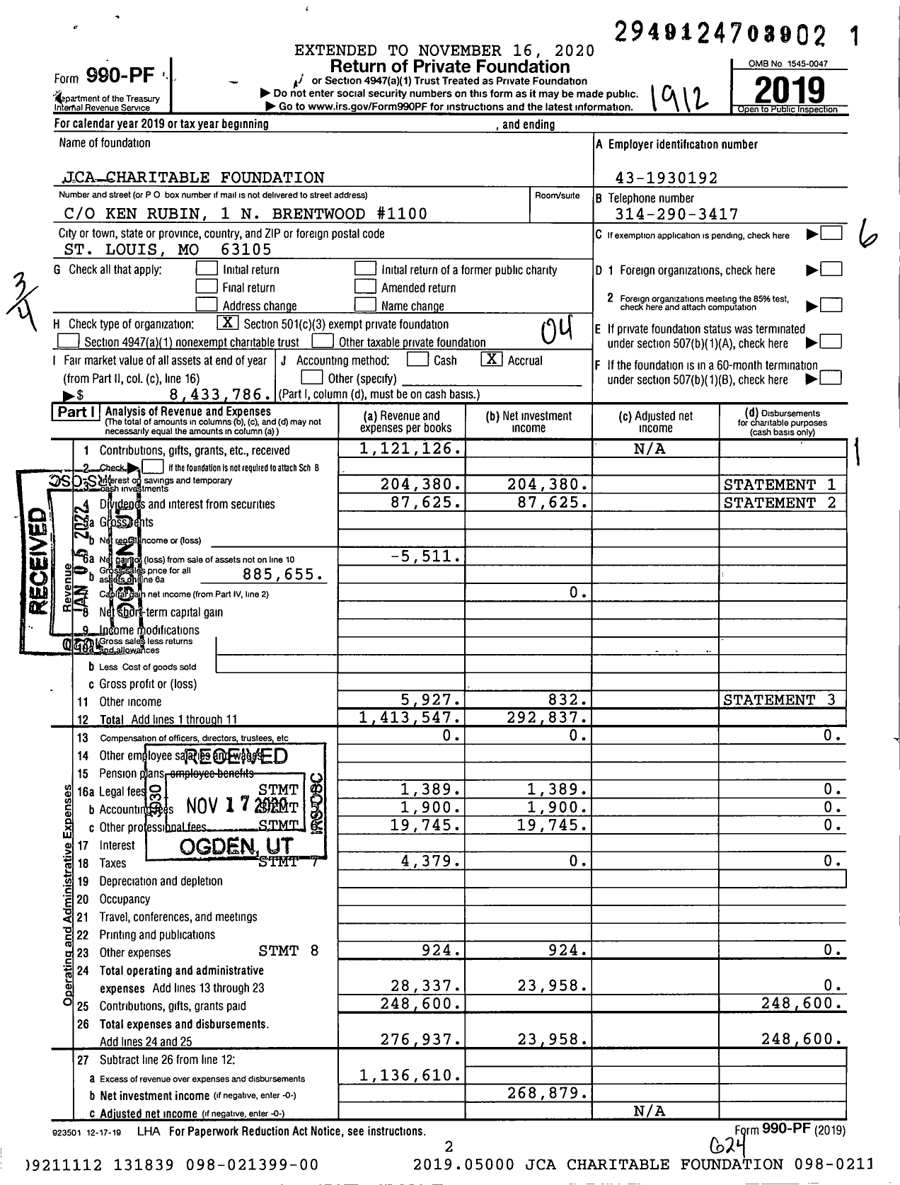 Image of first page of 2019 Form 990PF for Jca Charitable Foundation