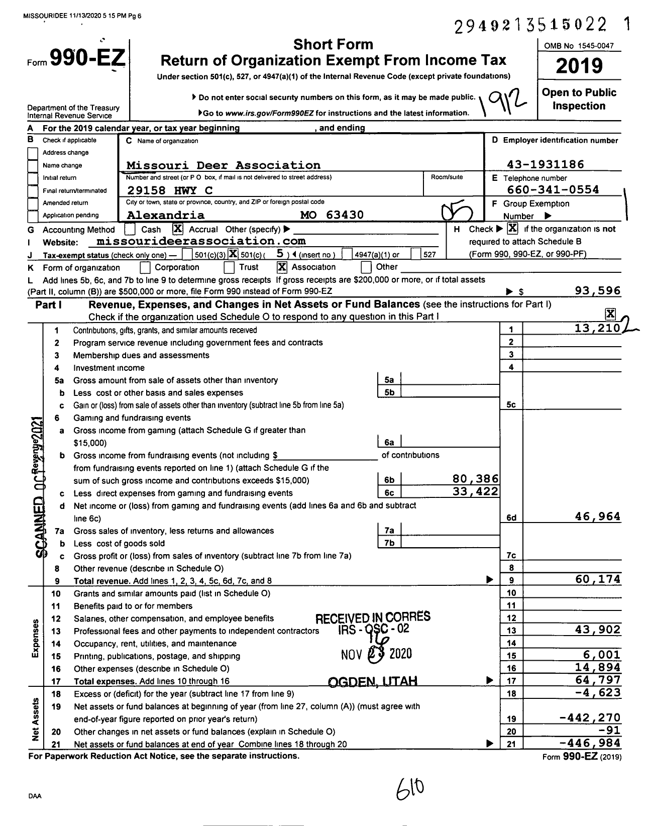 Image of first page of 2019 Form 990EO for Missouri Deer Association