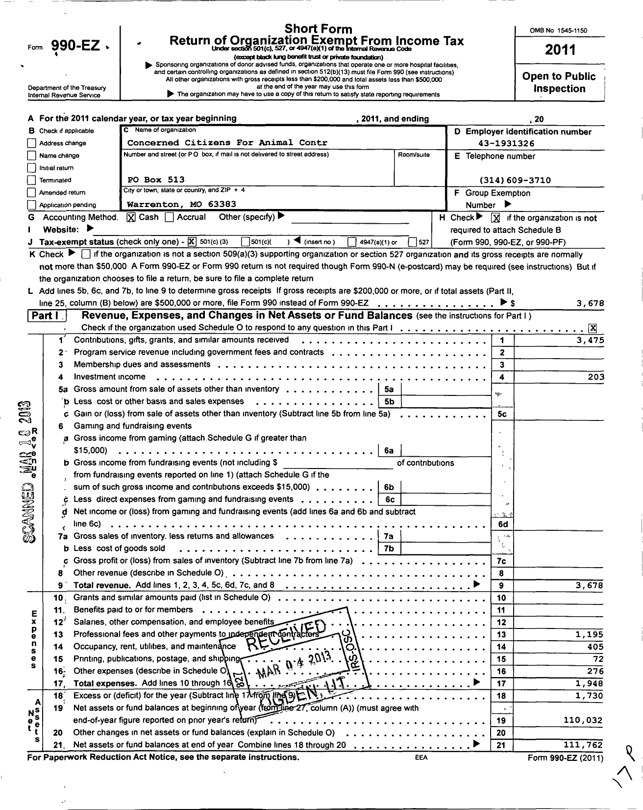 Image of first page of 2011 Form 990EZ for Concerned Citizens For Animal Control of Warren County