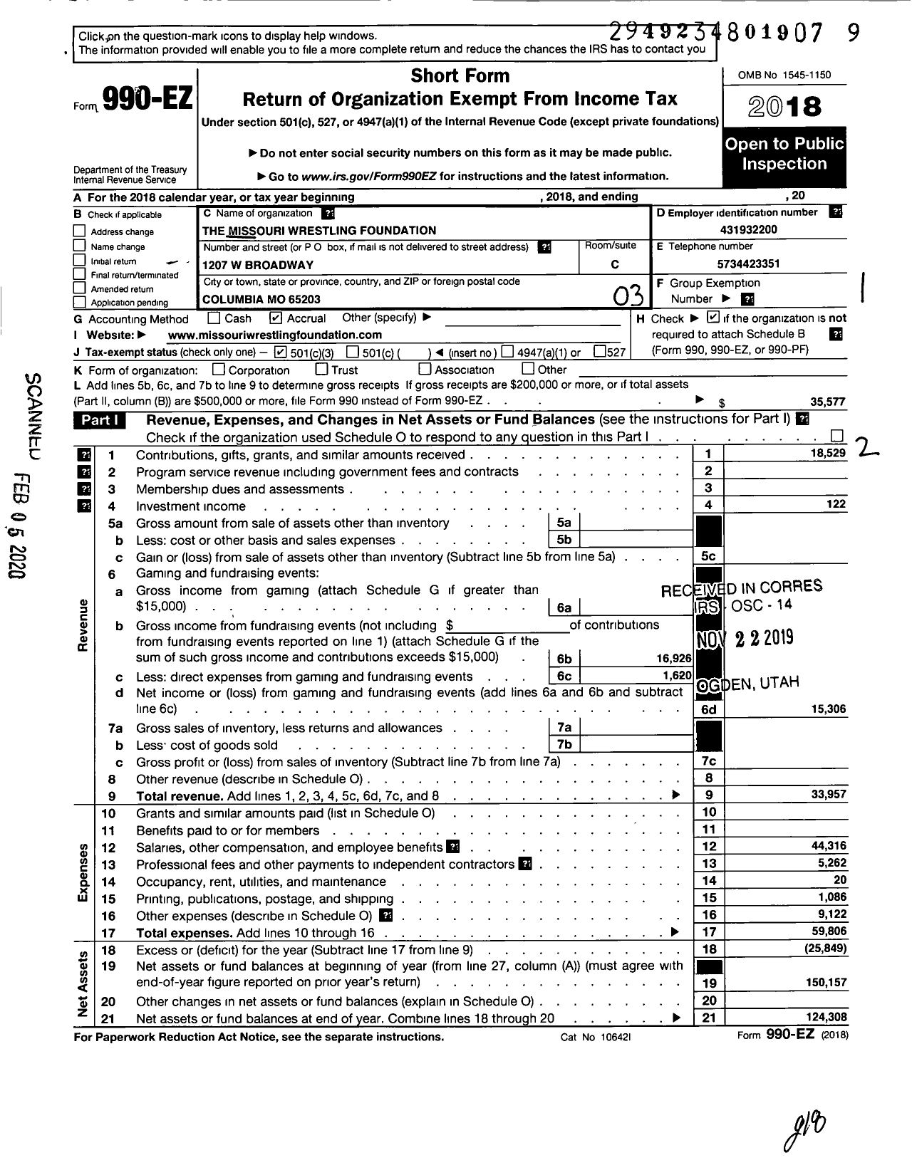 Image of first page of 2018 Form 990EZ for Missouri Wrestling Foundation