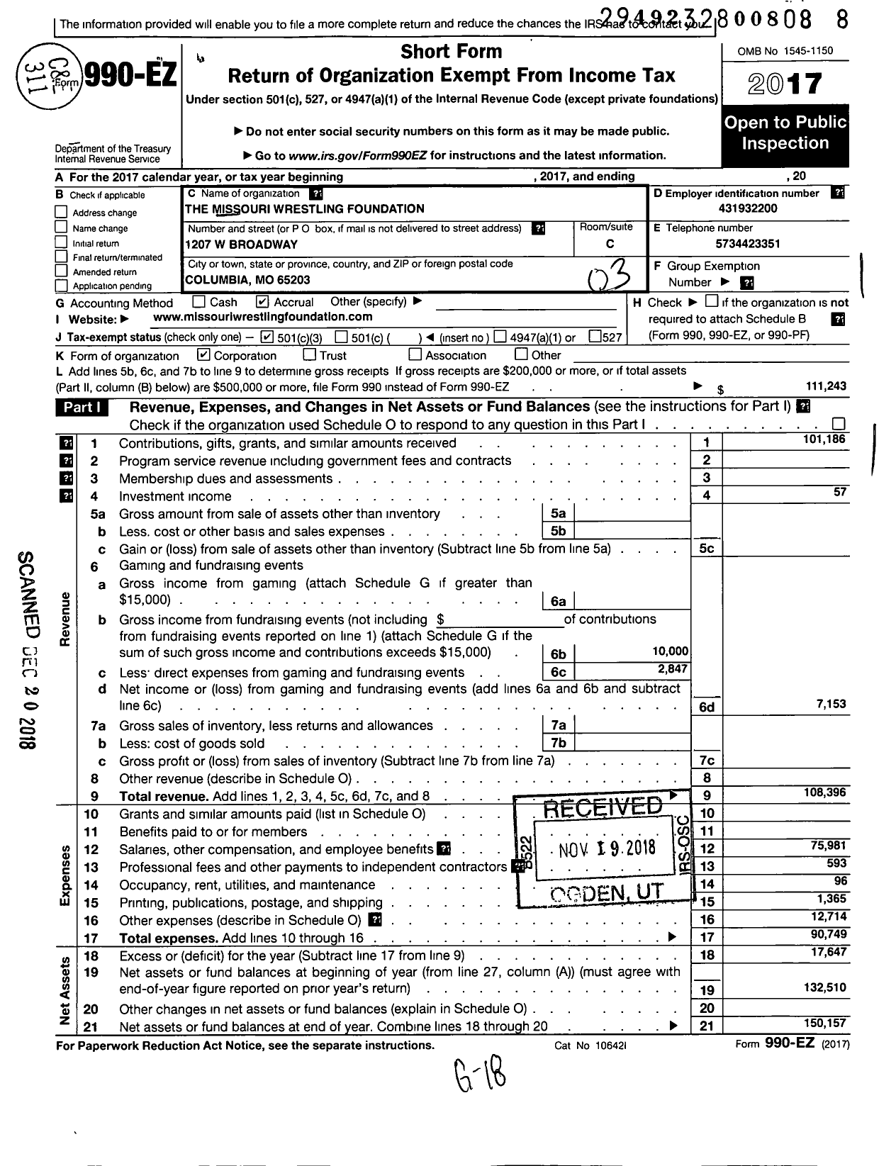 Image of first page of 2017 Form 990EZ for Missouri Wrestling Foundation