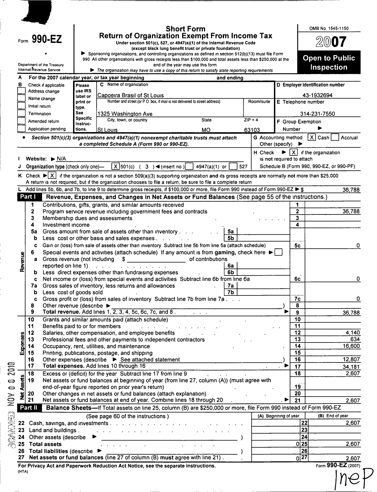 Image of first page of 2007 Form 990EZ for Capoeira Brasil of St Louis