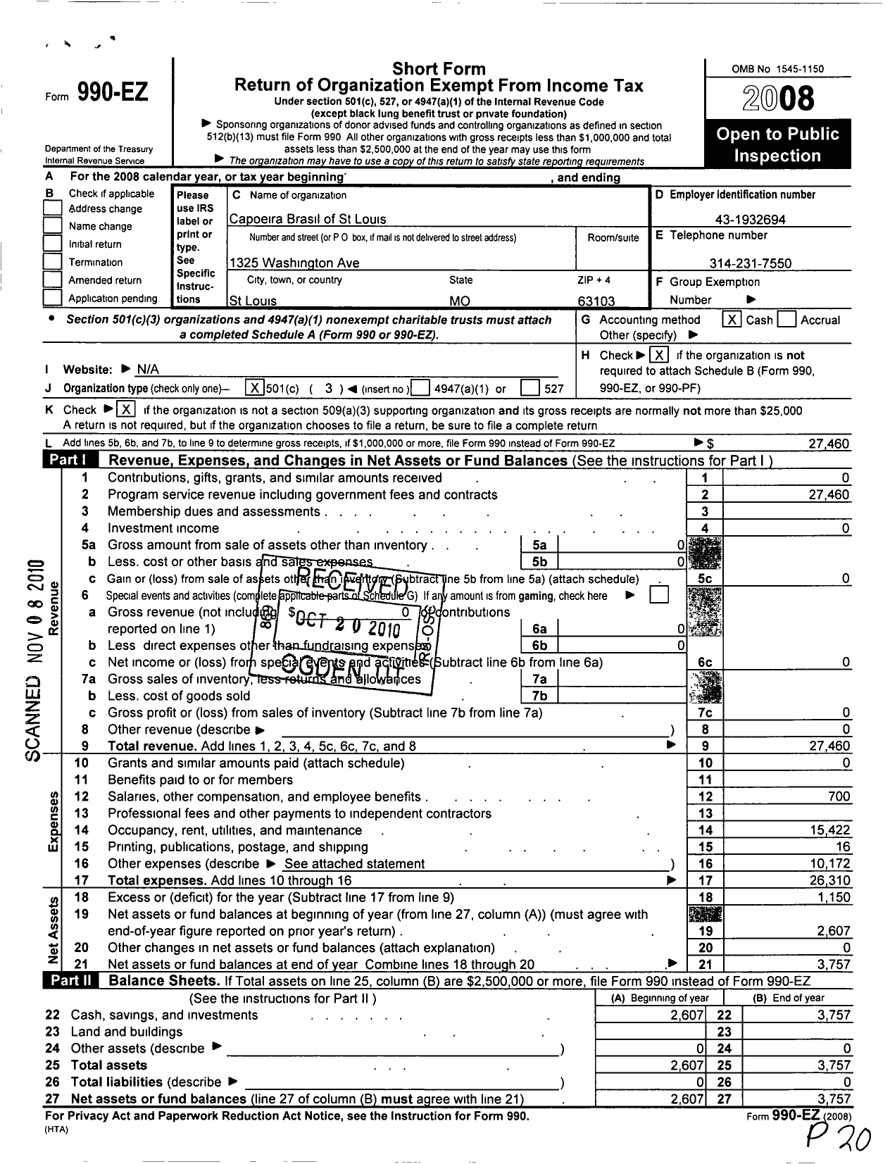 Image of first page of 2008 Form 990EZ for Capoeira Brasil of St Louis