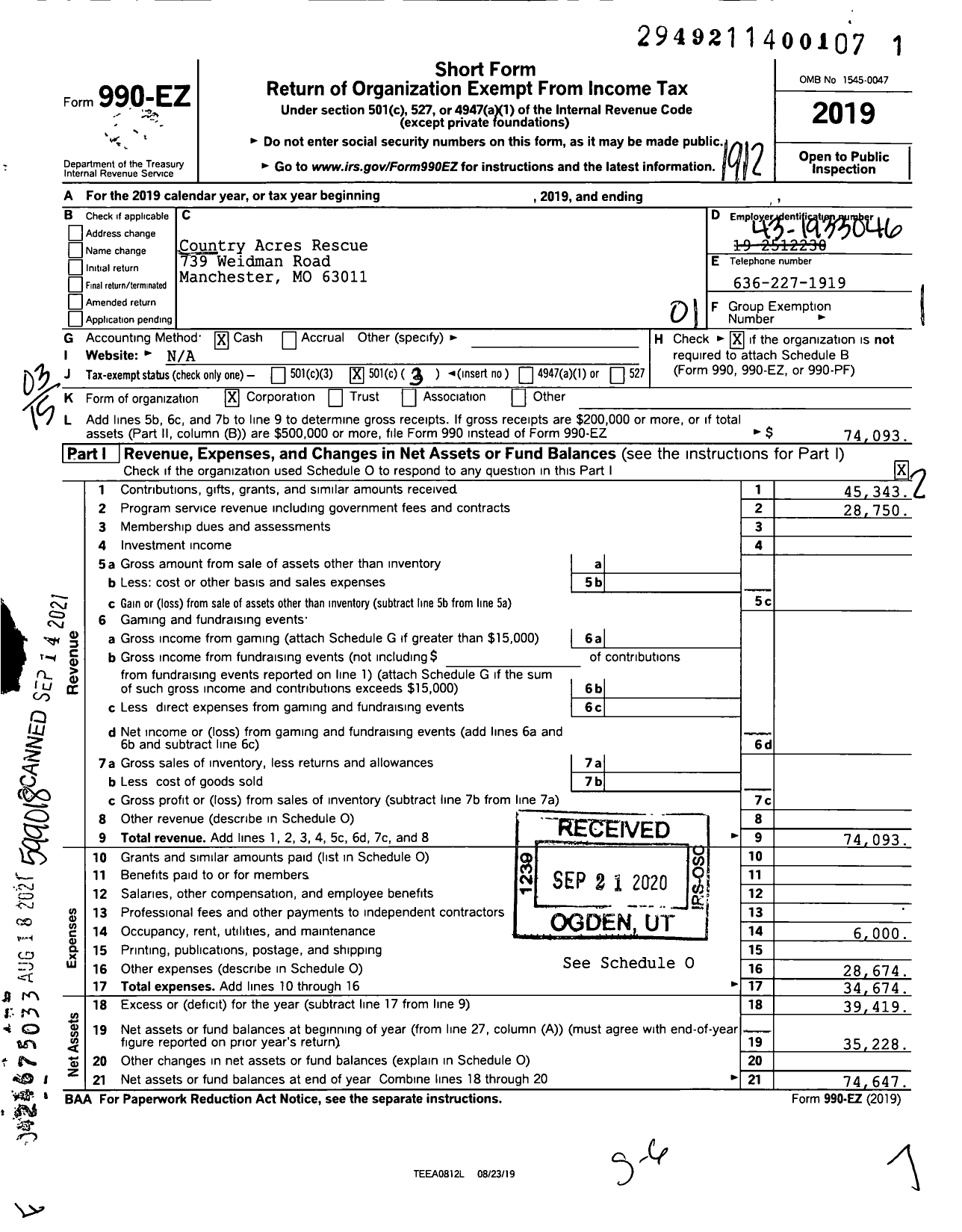 Image of first page of 2019 Form 990EZ for Country Acres Rescue