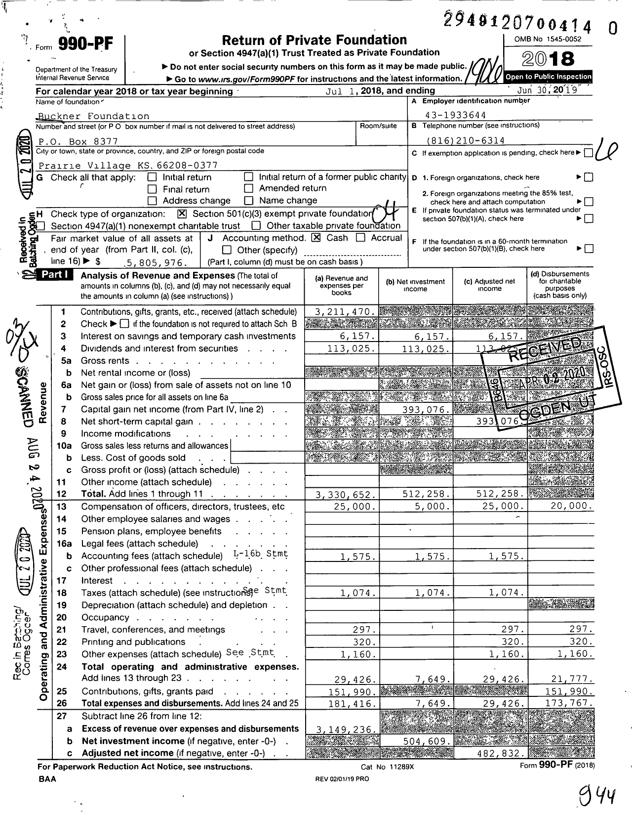 Image of first page of 2018 Form 990PR for Buckner Foundation