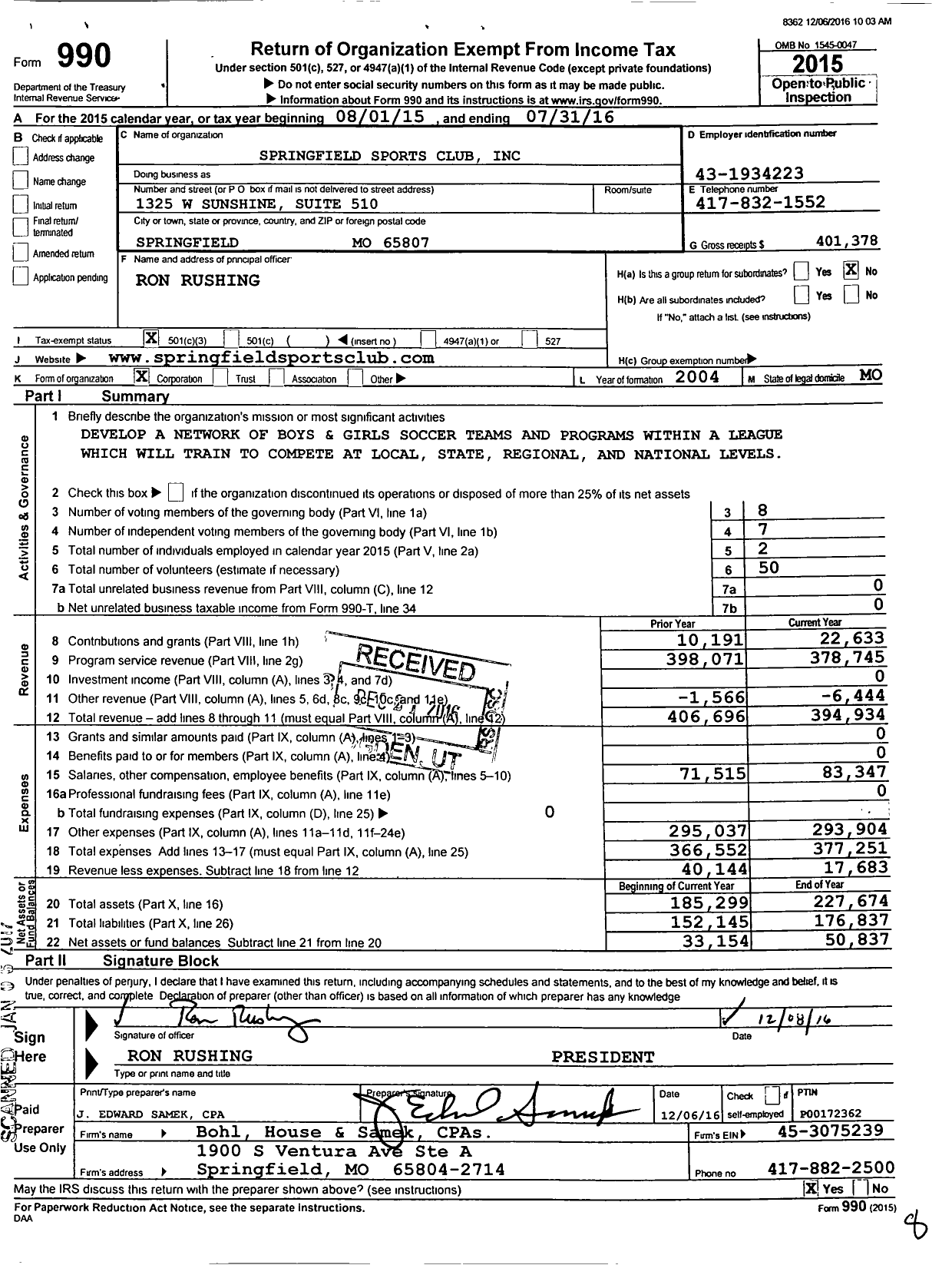 Image of first page of 2015 Form 990 for Springfield Sports Club