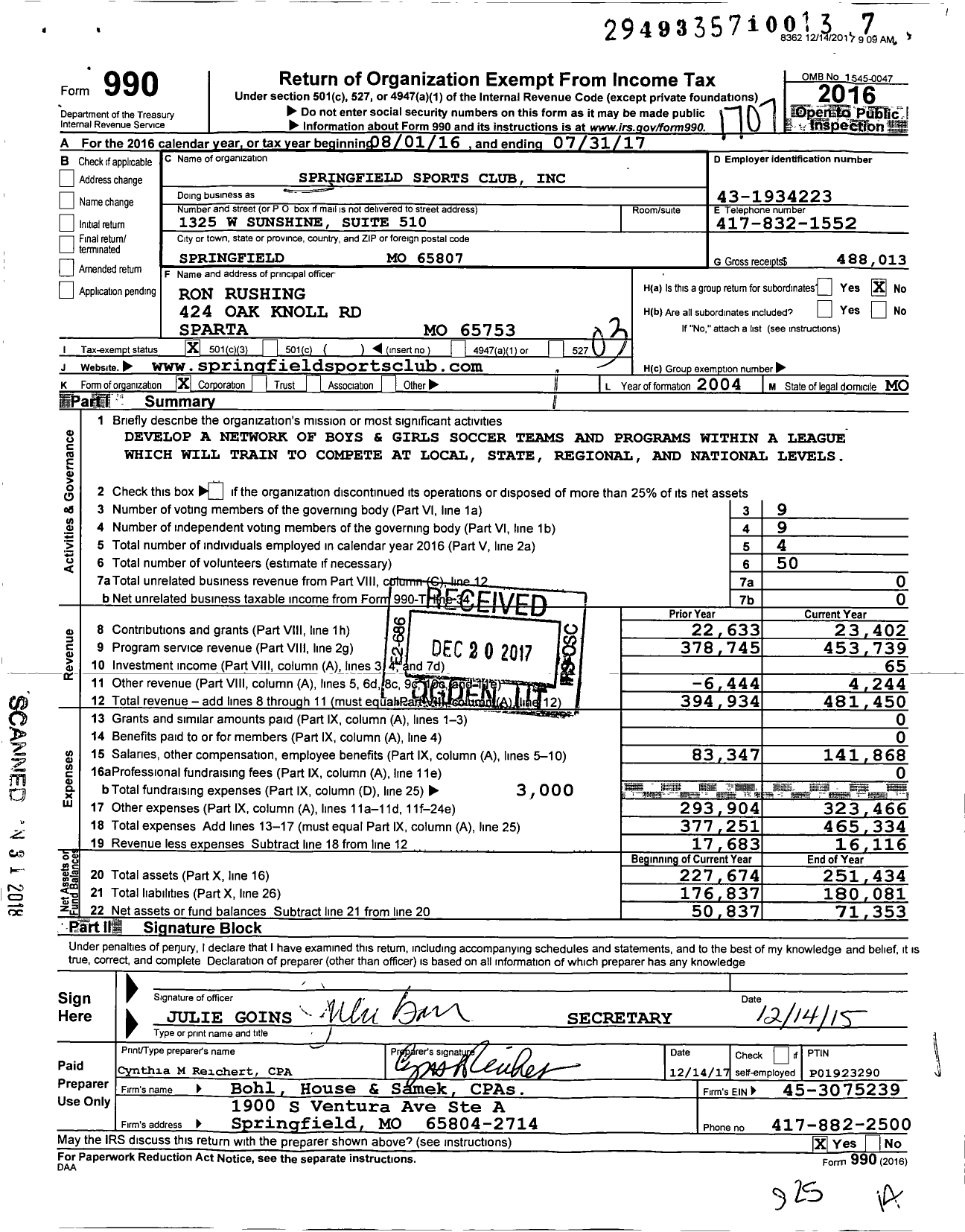 Image of first page of 2016 Form 990 for Springfield Sports Club