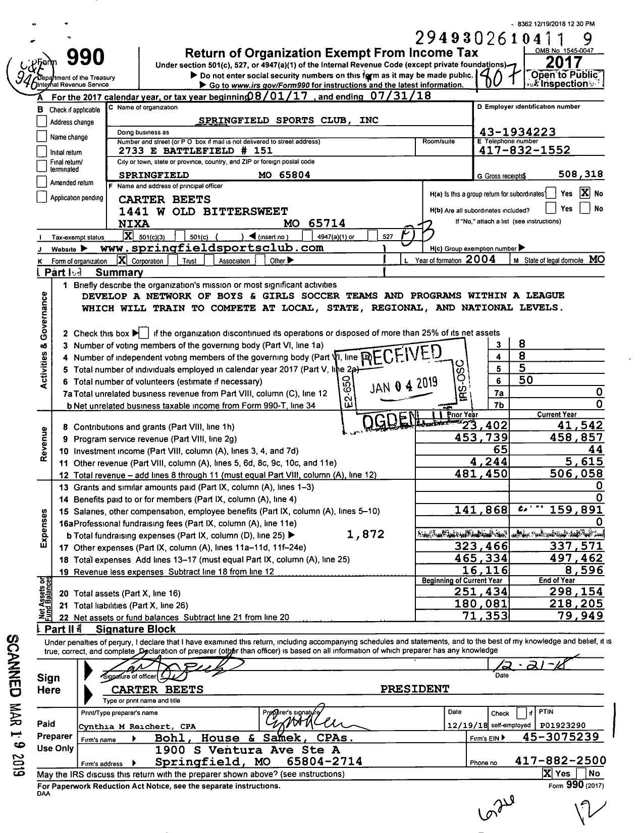 Image of first page of 2017 Form 990 for Springfield Sports Club