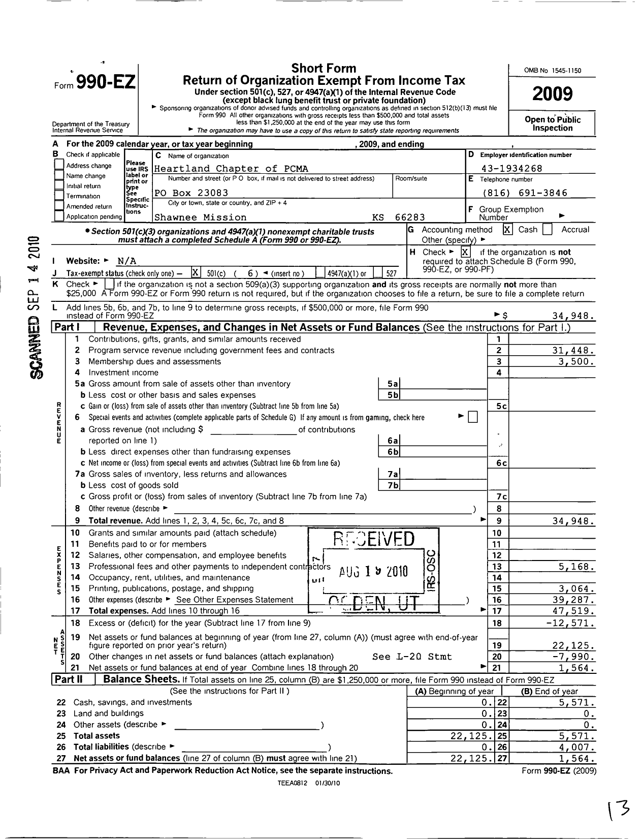 Image of first page of 2009 Form 990EO for Professional Convention Management Association / Heartland Chapter