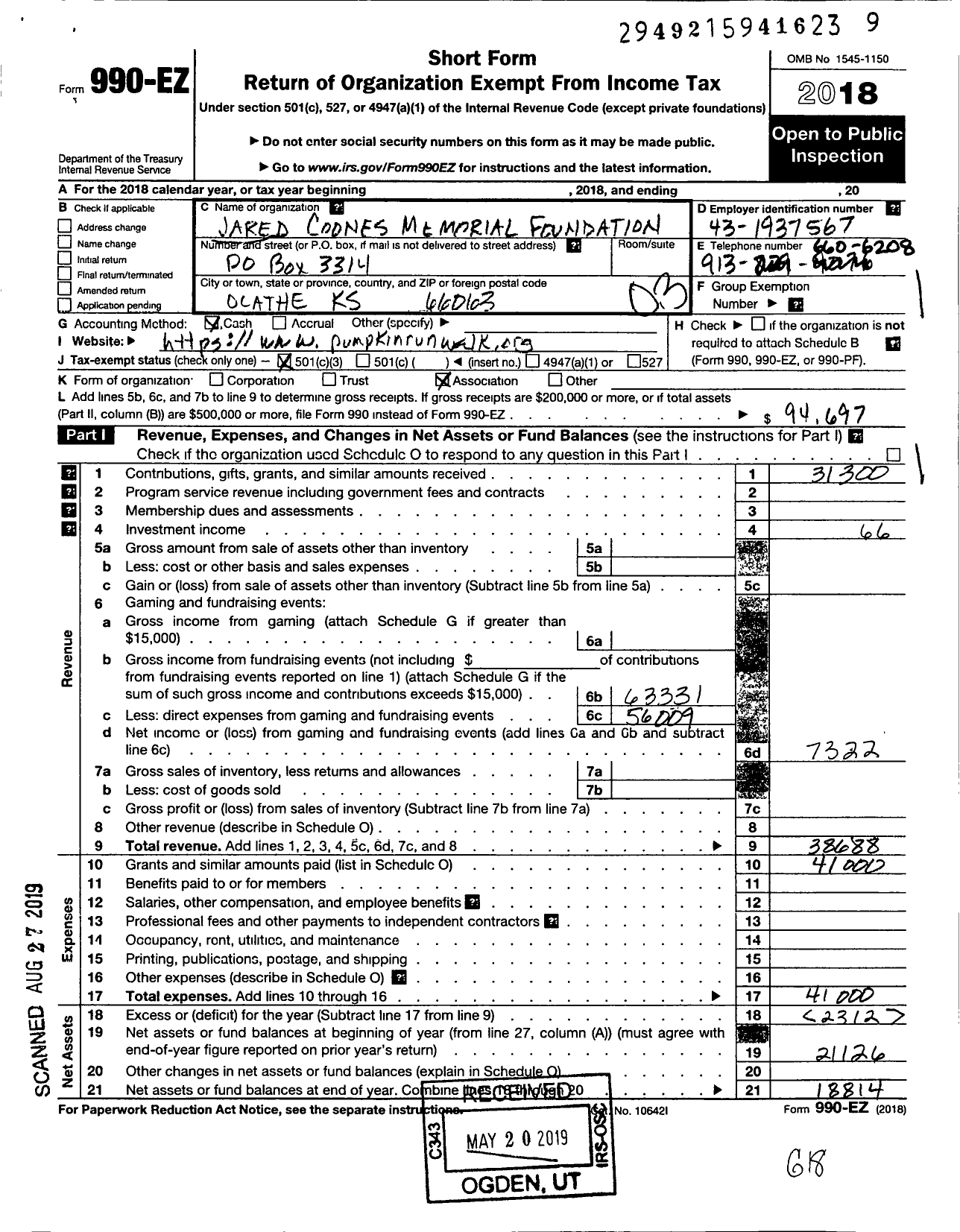 Image of first page of 2018 Form 990EZ for Jared Coones Memorial Foundation