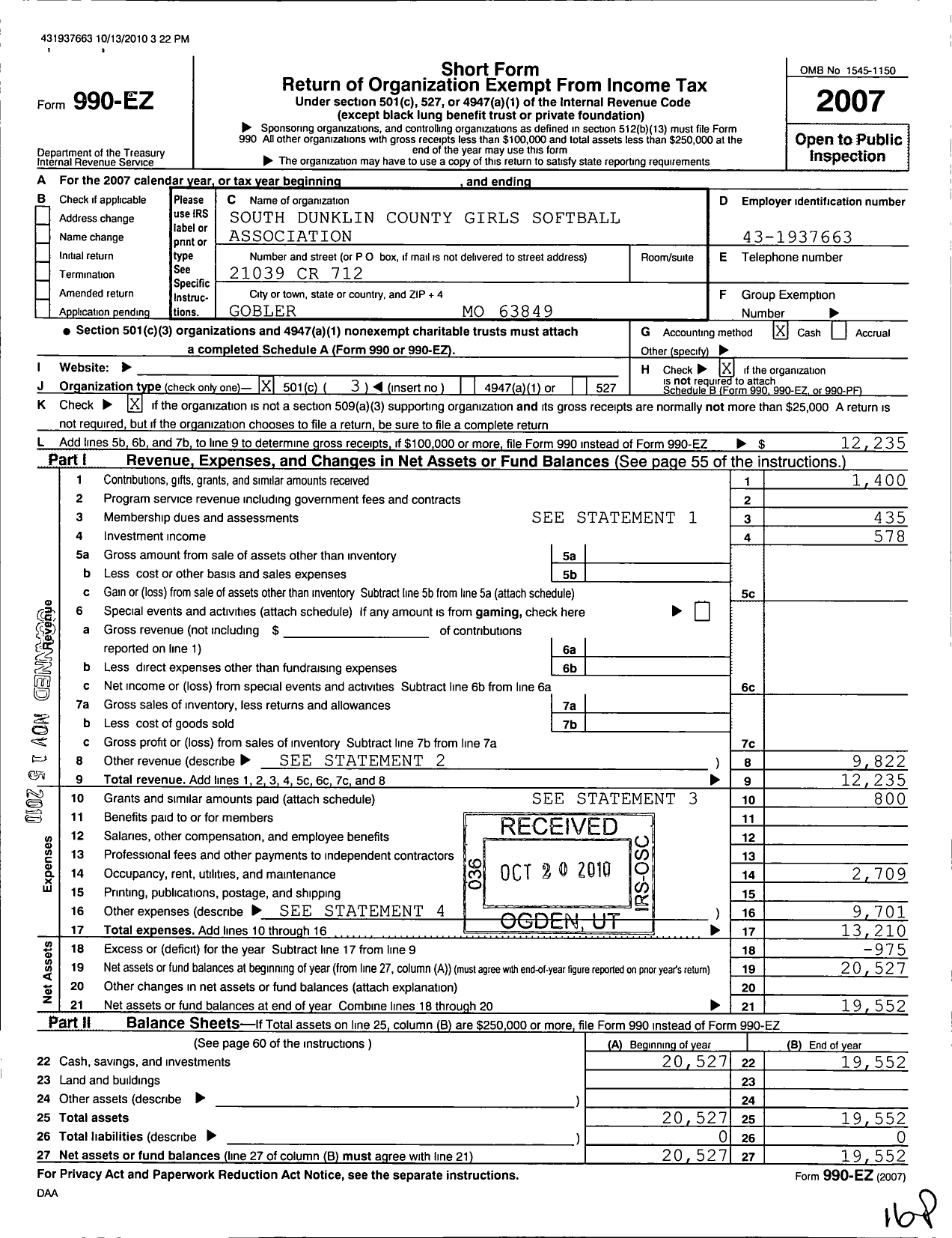 Image of first page of 2007 Form 990EZ for South Dunklin County Girls Softball Association