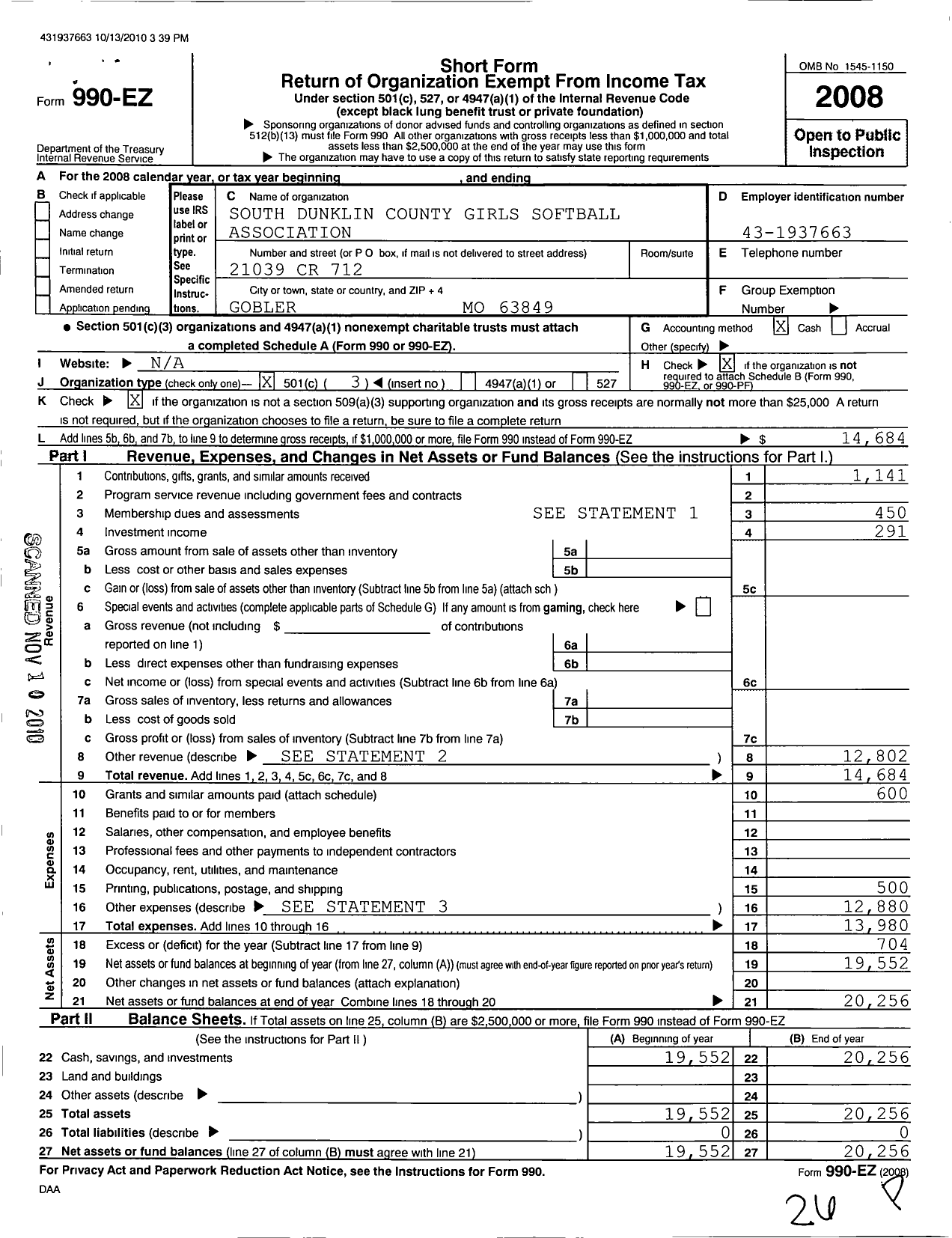 Image of first page of 2008 Form 990EZ for South Dunklin County Girls Softball Association