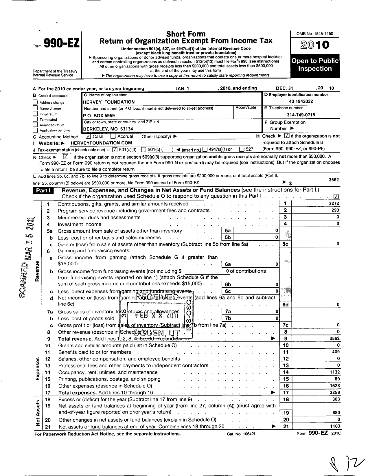 Image of first page of 2010 Form 990EZ for Hervey Foundation