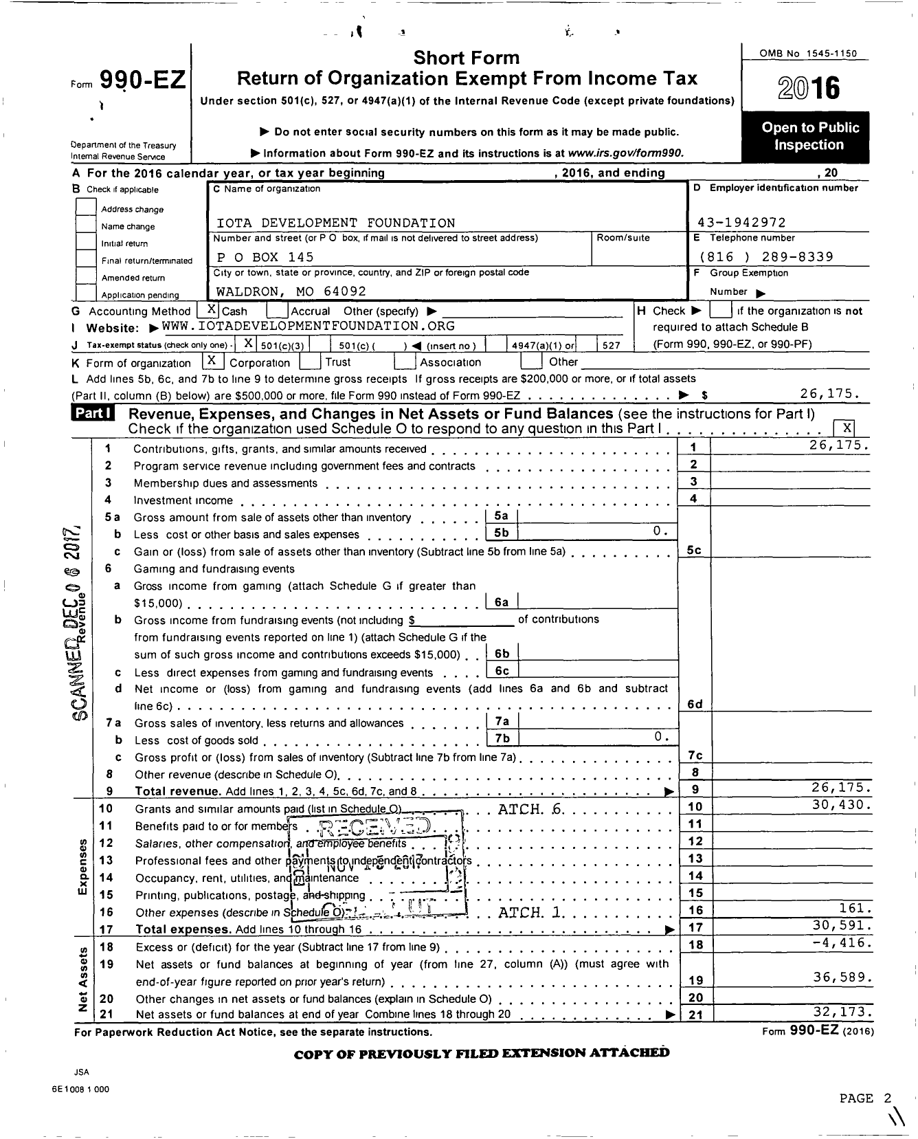 Image of first page of 2016 Form 990EZ for Iota Development Foundation