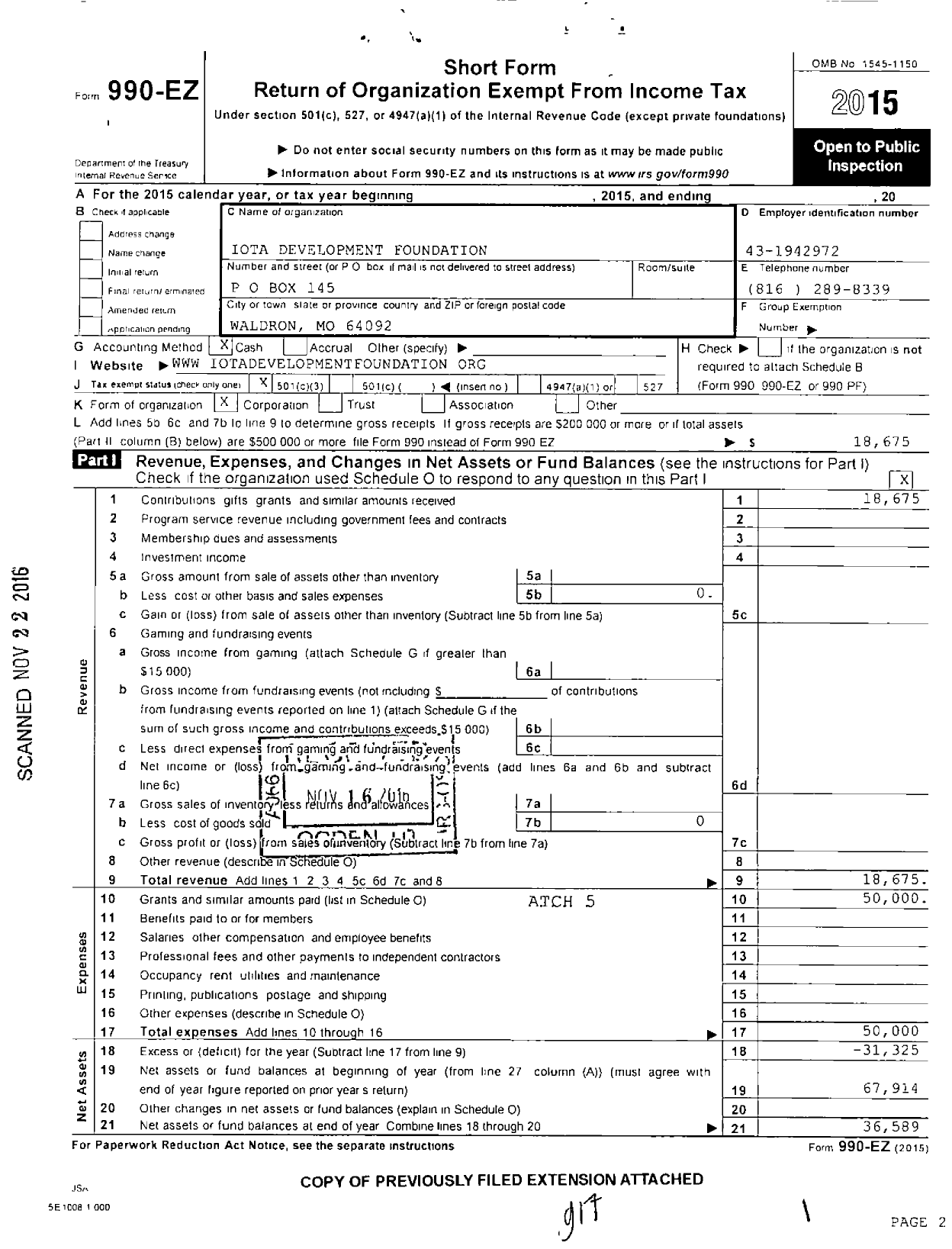 Image of first page of 2015 Form 990EZ for Iota Development Foundation