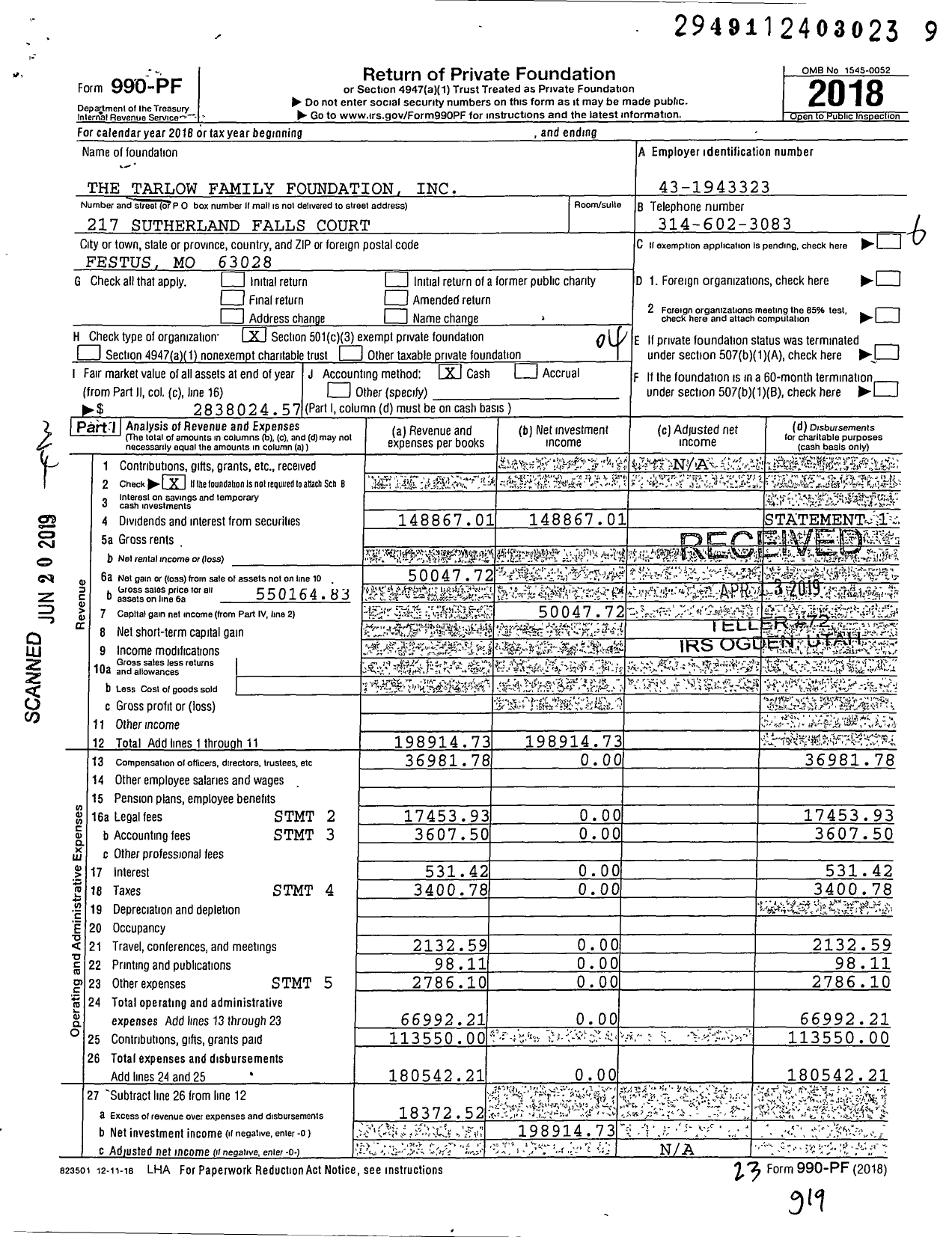 Image of first page of 2018 Form 990PF for The Tarlow Family Foundation