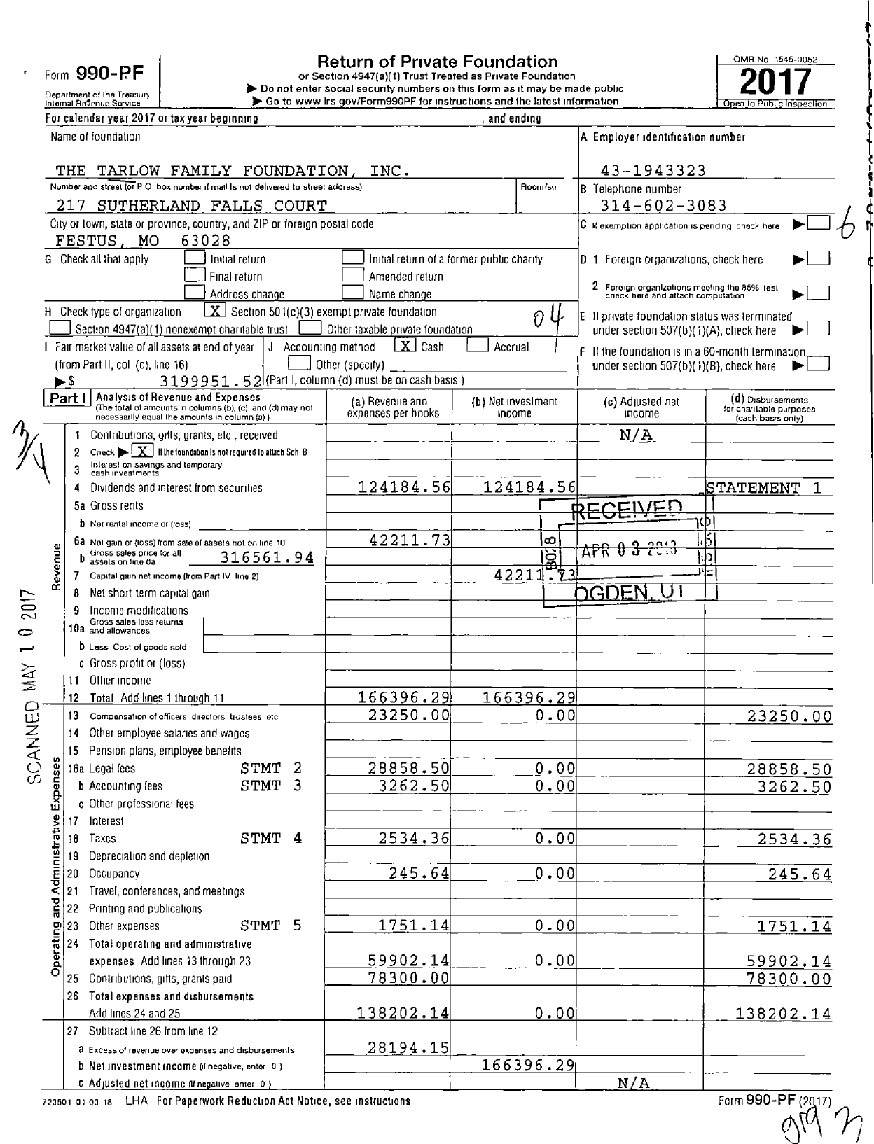 Image of first page of 2017 Form 990PF for The Tarlow Family Foundation