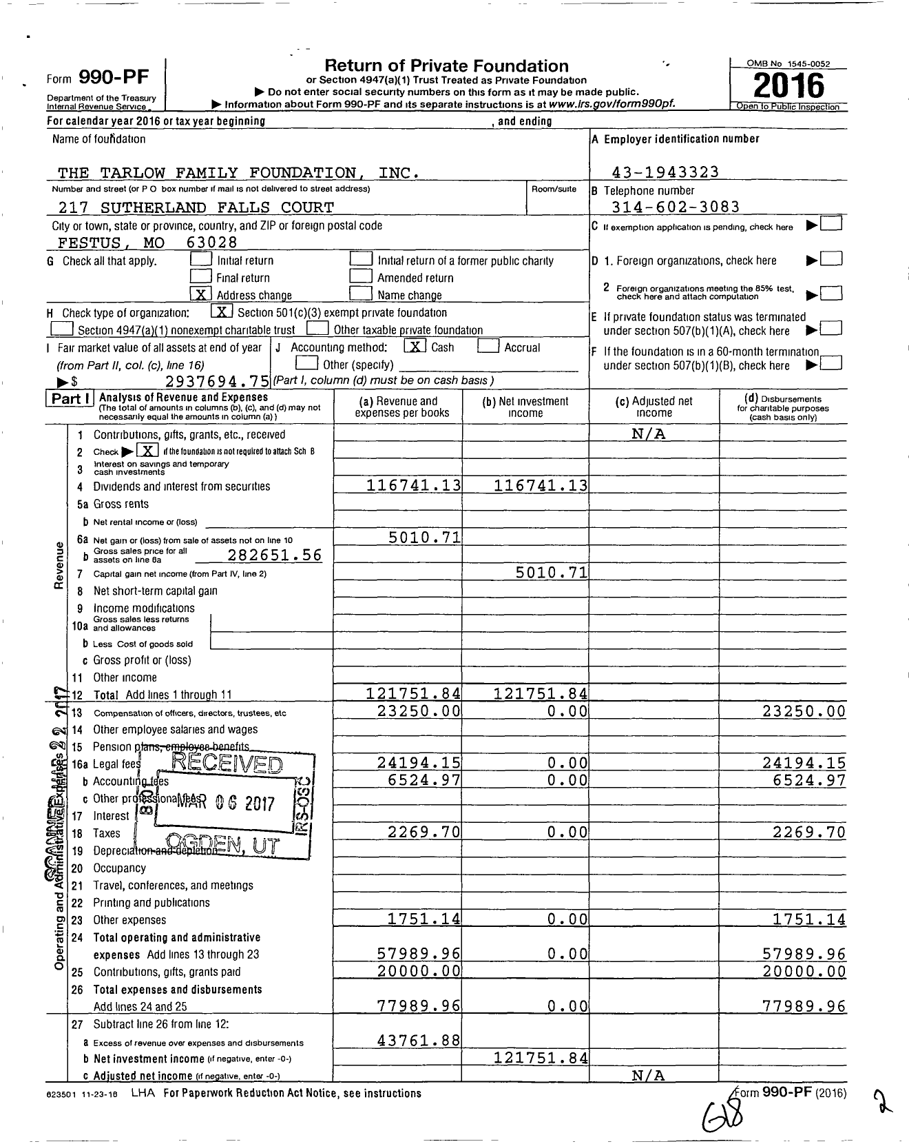 Image of first page of 2016 Form 990PF for The Tarlow Family Foundation