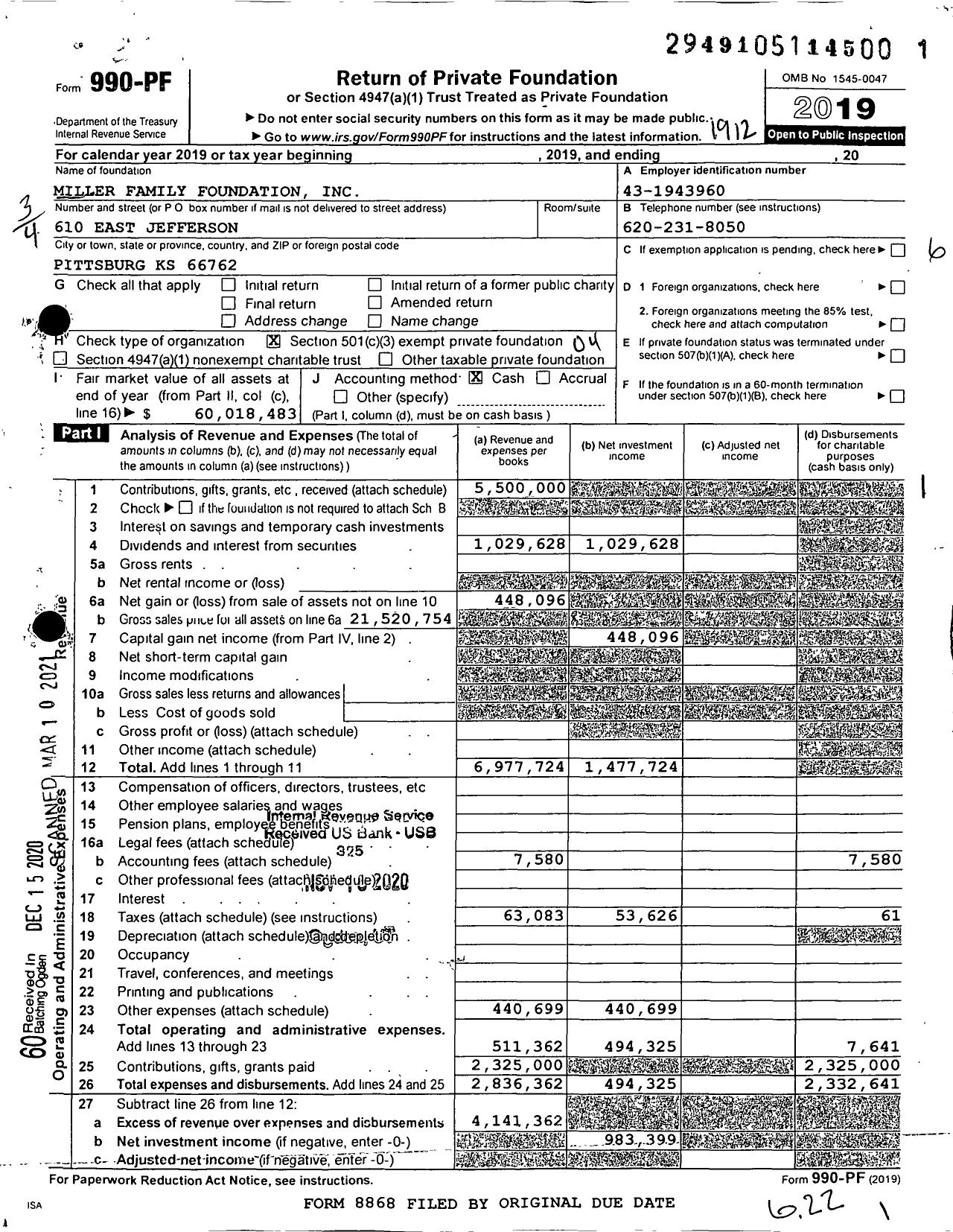 Image of first page of 2019 Form 990PF for Miller Family Foundation