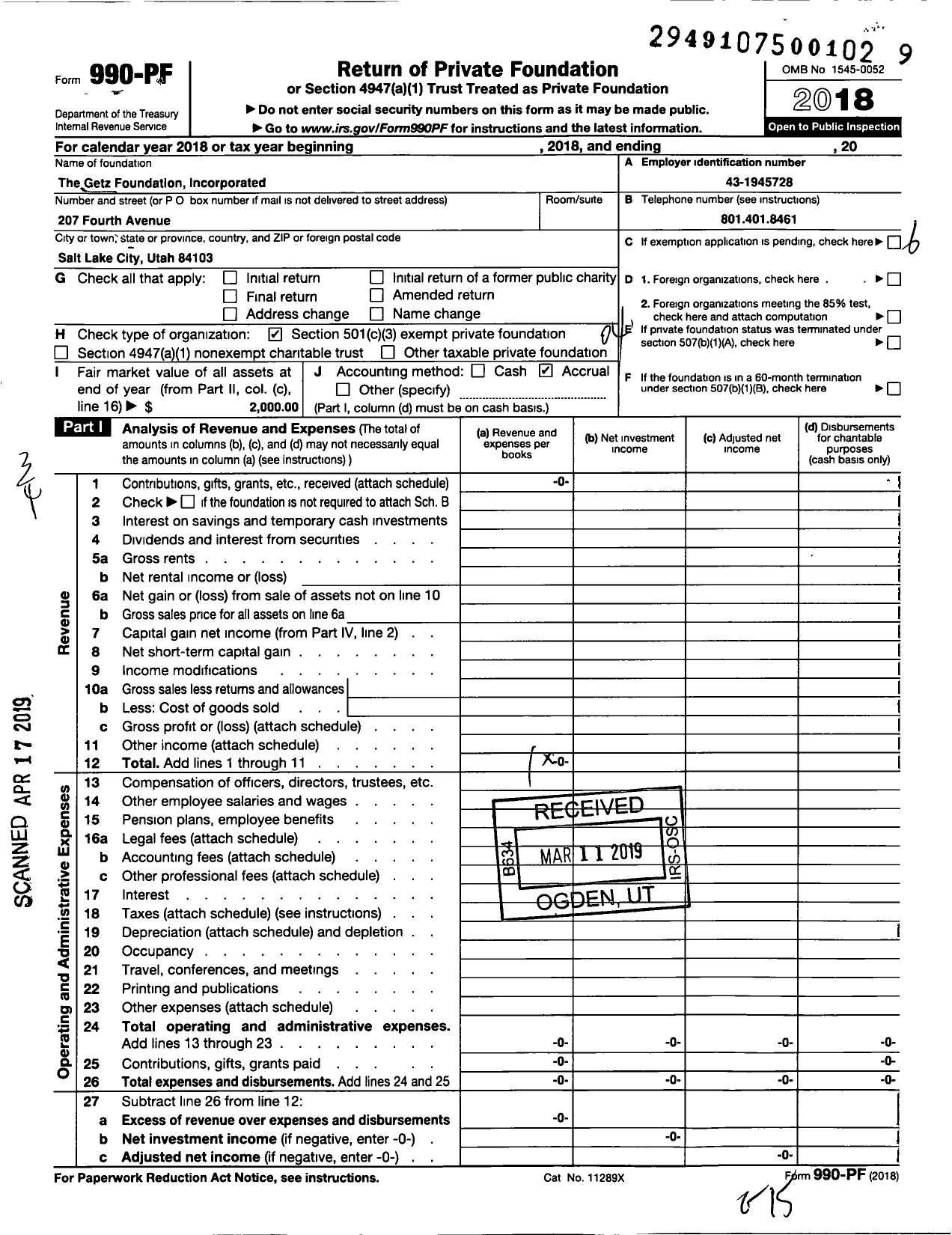 Image of first page of 2018 Form 990PF for Getz Foundation Incorporated