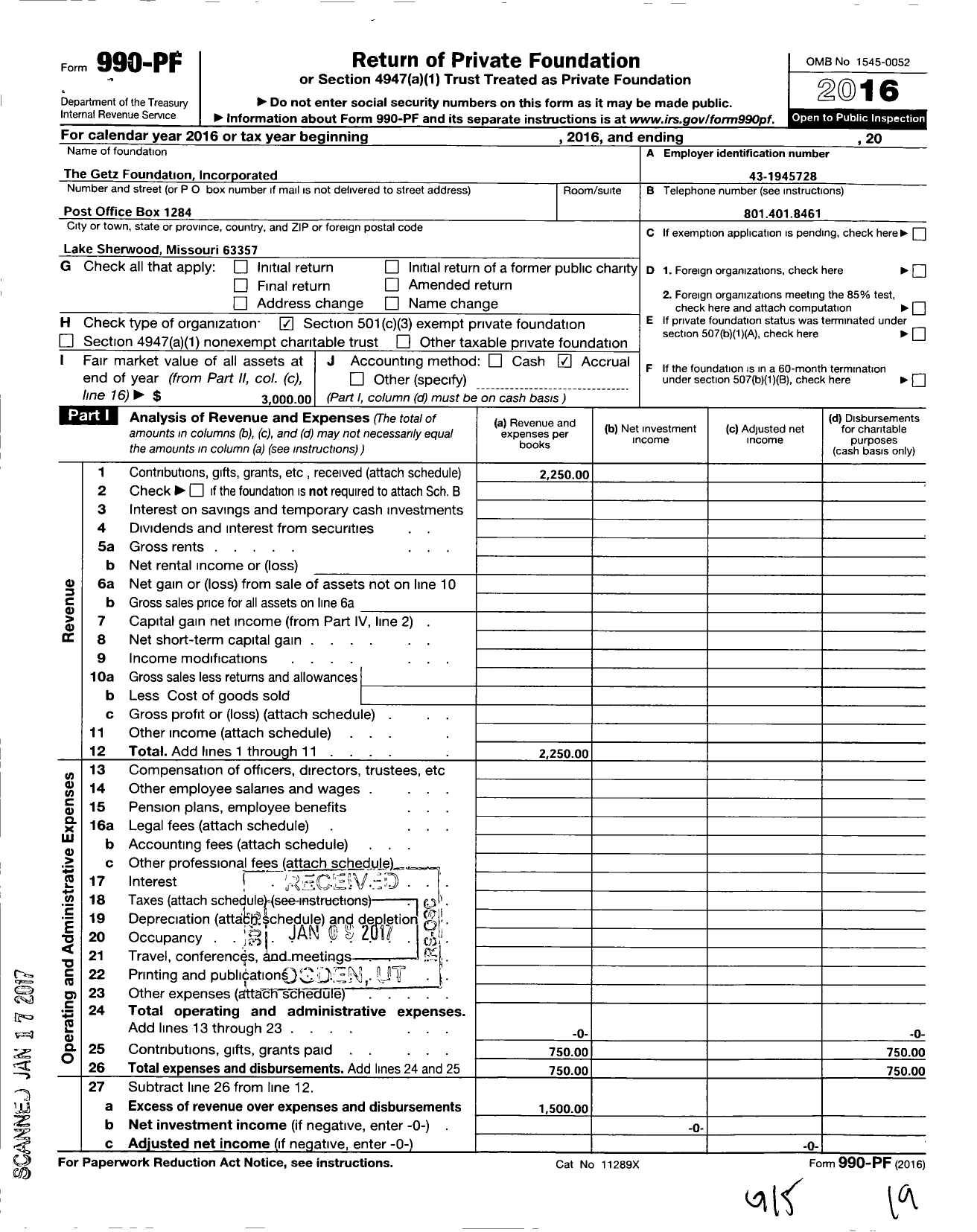 Image of first page of 2016 Form 990PF for Getz Foundation Incorporated