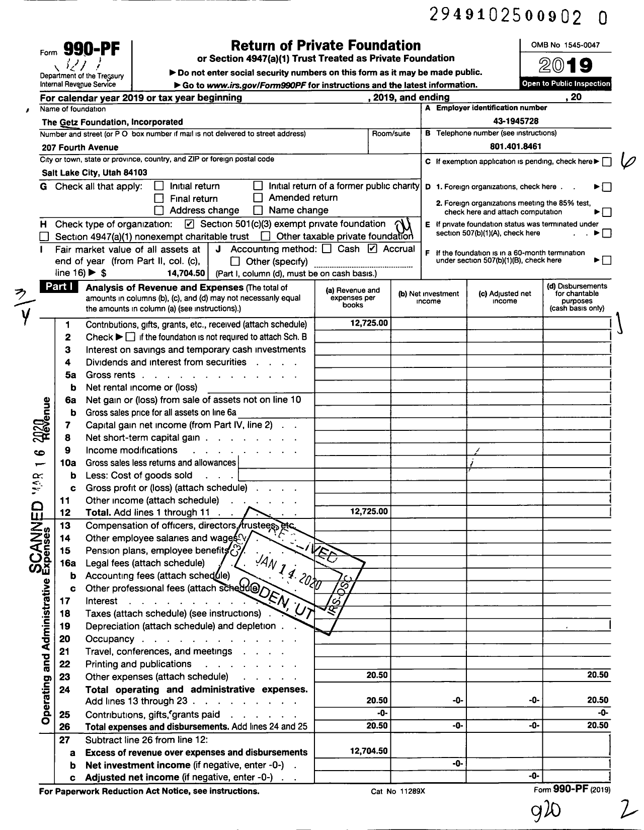 Image of first page of 2019 Form 990PR for Getz Foundation Incorporated