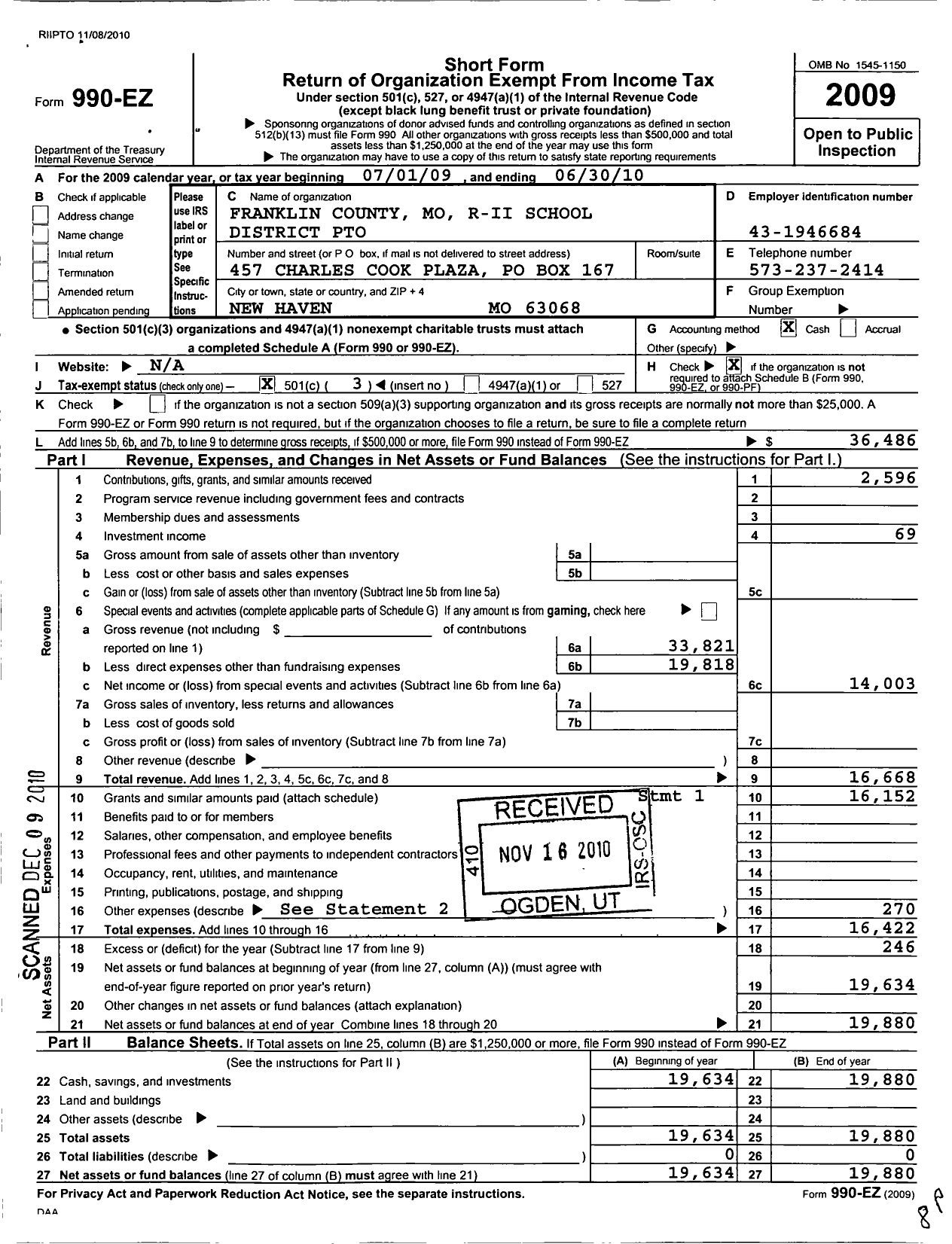 Image of first page of 2009 Form 990EZ for Franklin County Mo R-Ii School District Parent Teacher Org