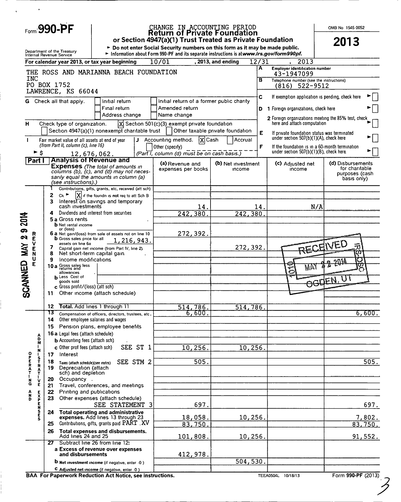 Image of first page of 2013 Form 990PF for Ross and Marianna Beach Foundation