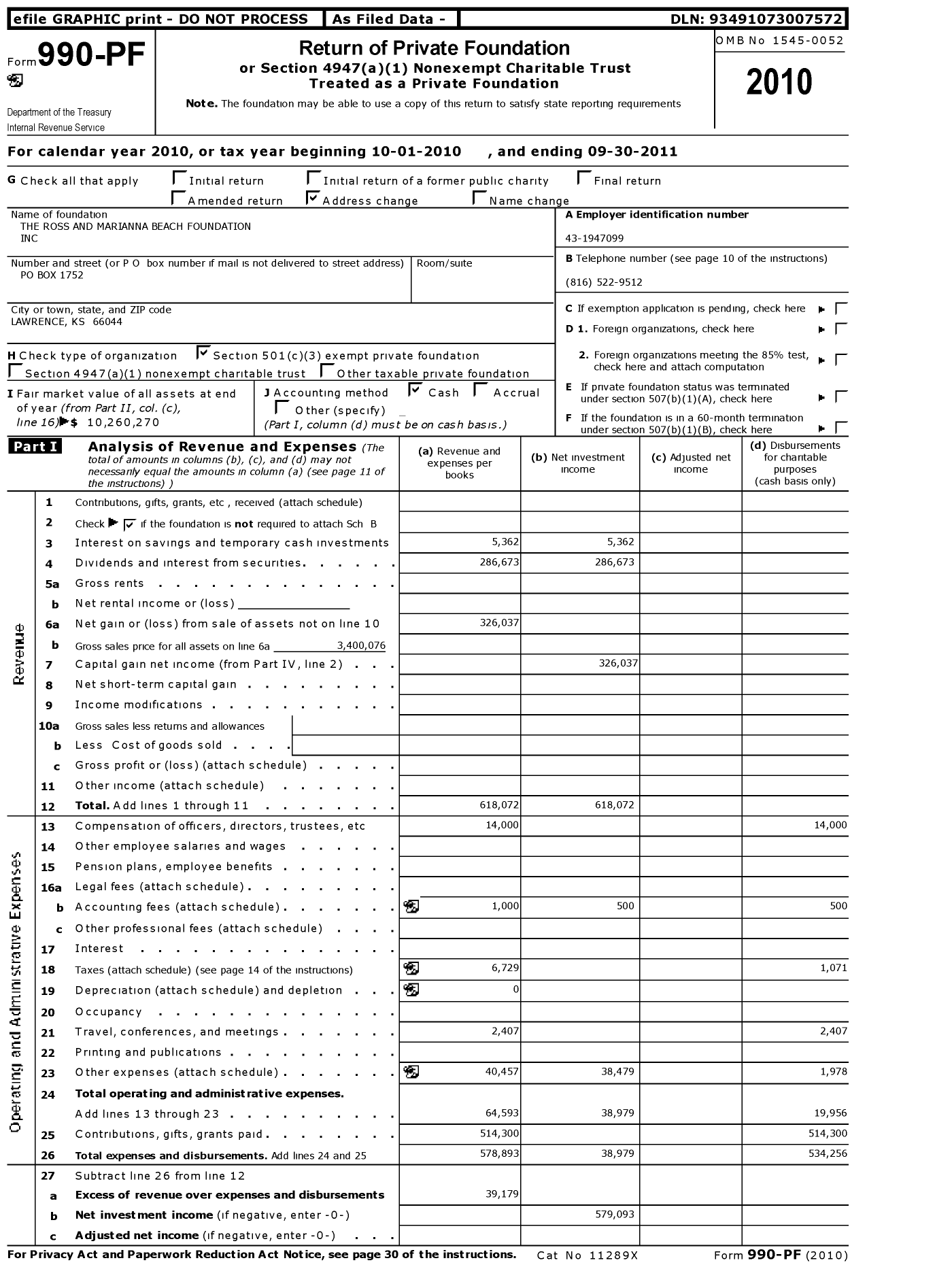 Image of first page of 2010 Form 990PF for Ross and Marianna Beach Foundation