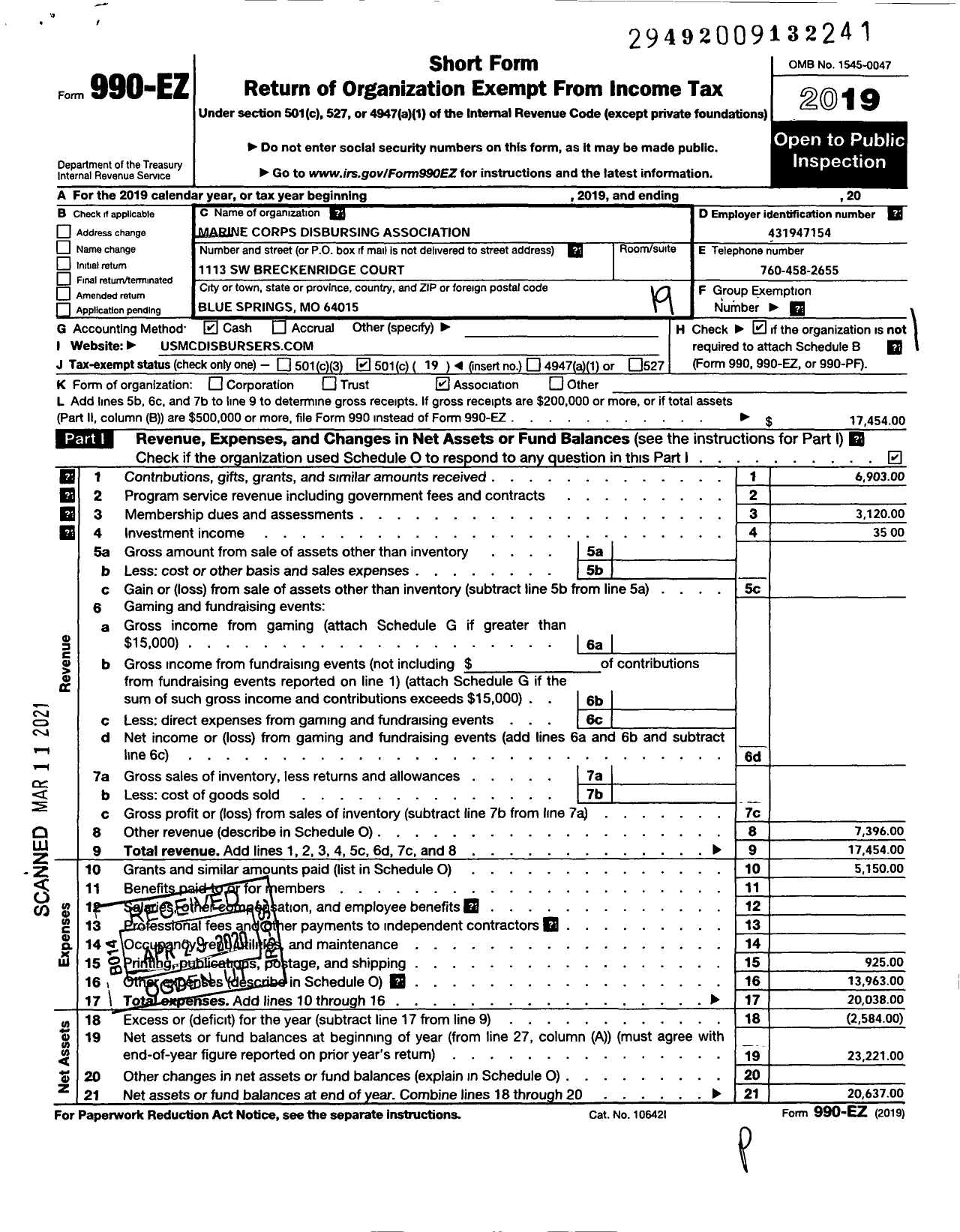 Image of first page of 2019 Form 990EO for Marine Corps Disbursing Association