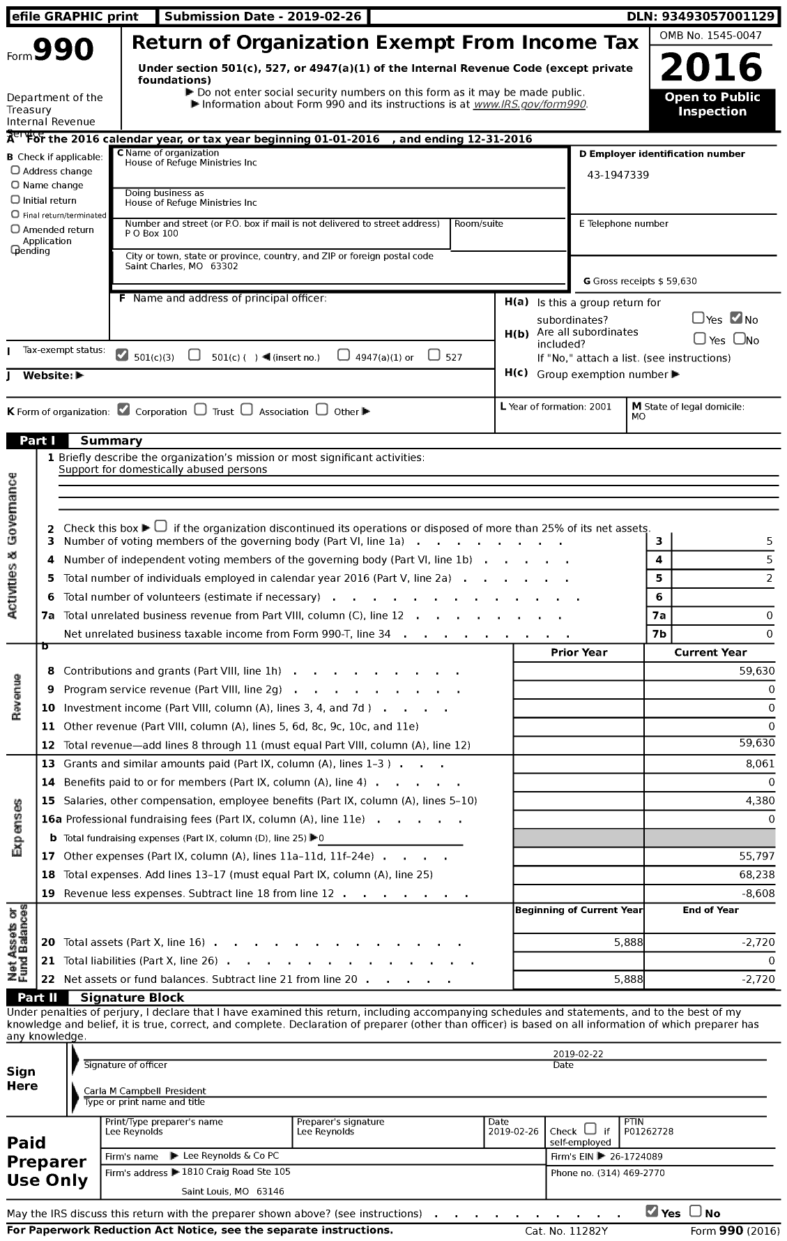 Image of first page of 2016 Form 990 for House of Refuge Ministries