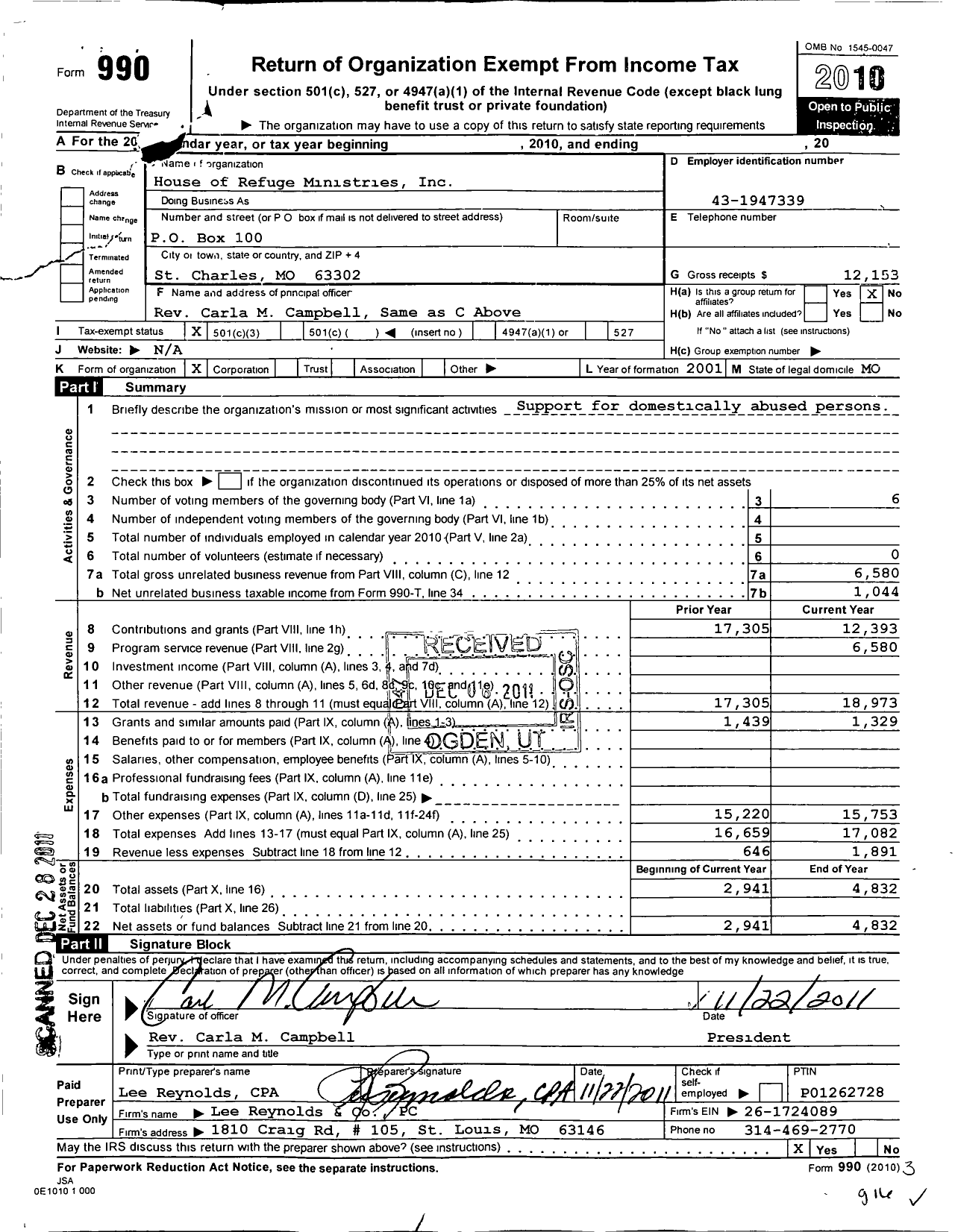 Image of first page of 2010 Form 990 for House of Refuge Ministries