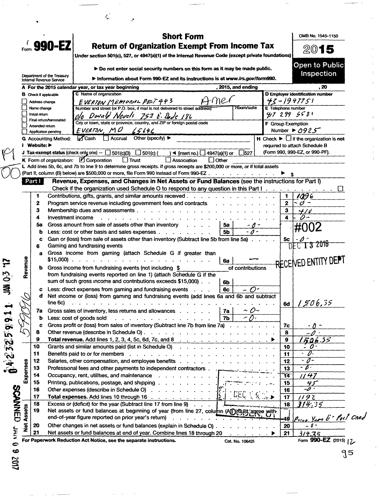 Image of first page of 2015 Form 990EO for American Legion - 443 Everton Memorial Post
